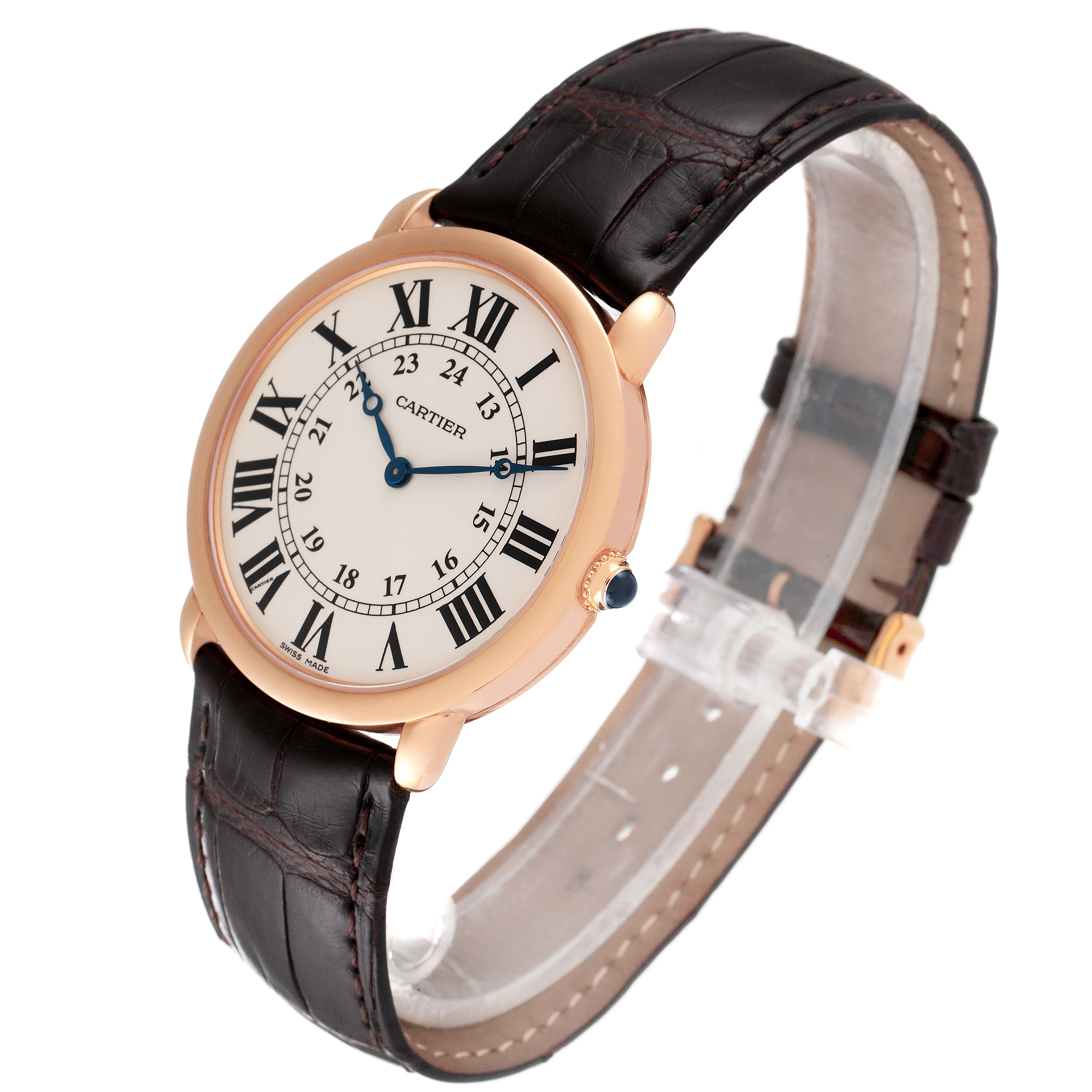 The image shows a Cartier Ronde W6800251 Men's Rose Gold Silver Dial W6800251 Men's Rose Gold Silver Dial model watch at a side angle, displaying its face, bezel, crown, and leather strap.