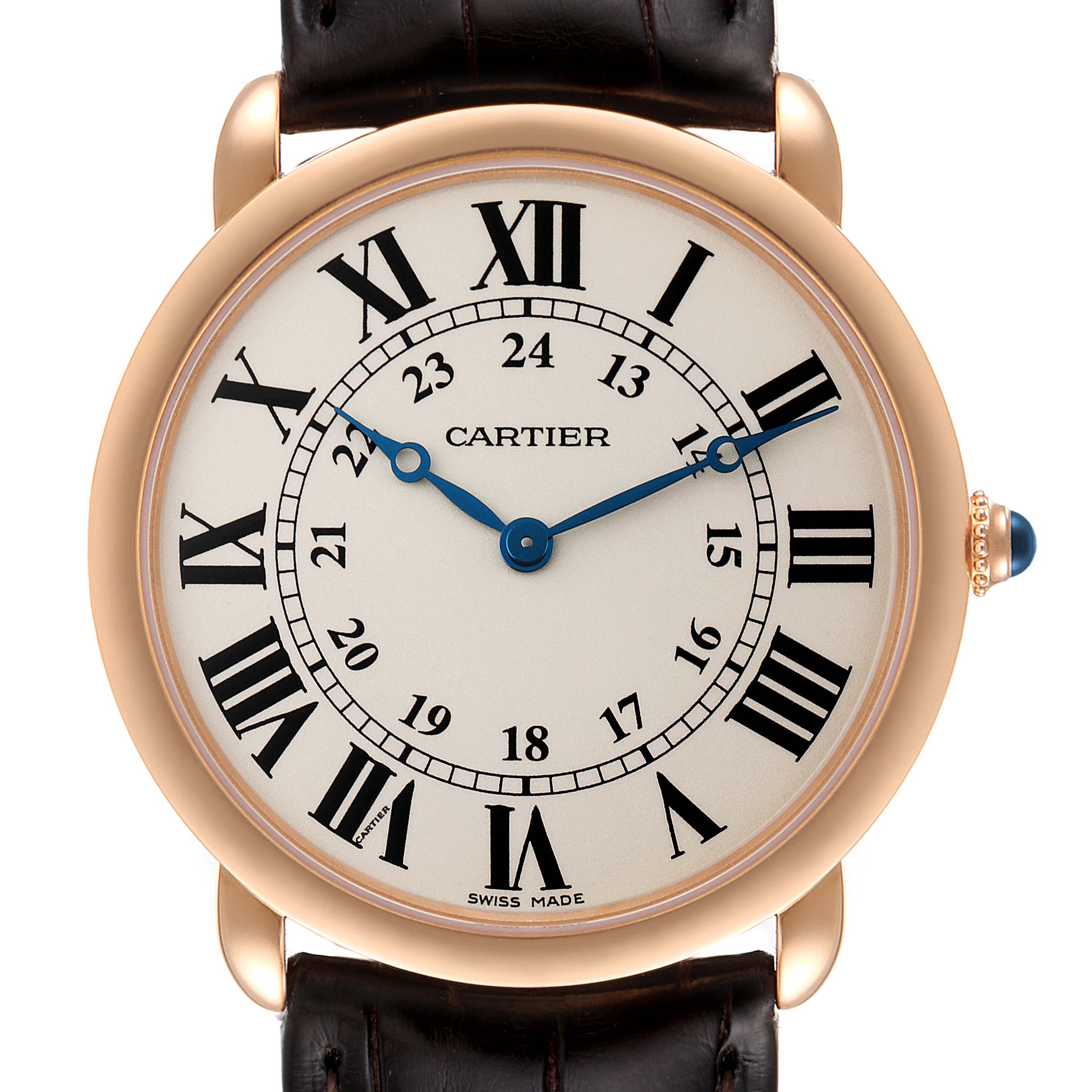 This is a close-up frontal view of the Cartier Ronde W6800251 Men's Rose Gold Silver Dial W6800251 Men's Rose Gold Silver Dial watch, displaying its face, Roman numerals, and leather strap.