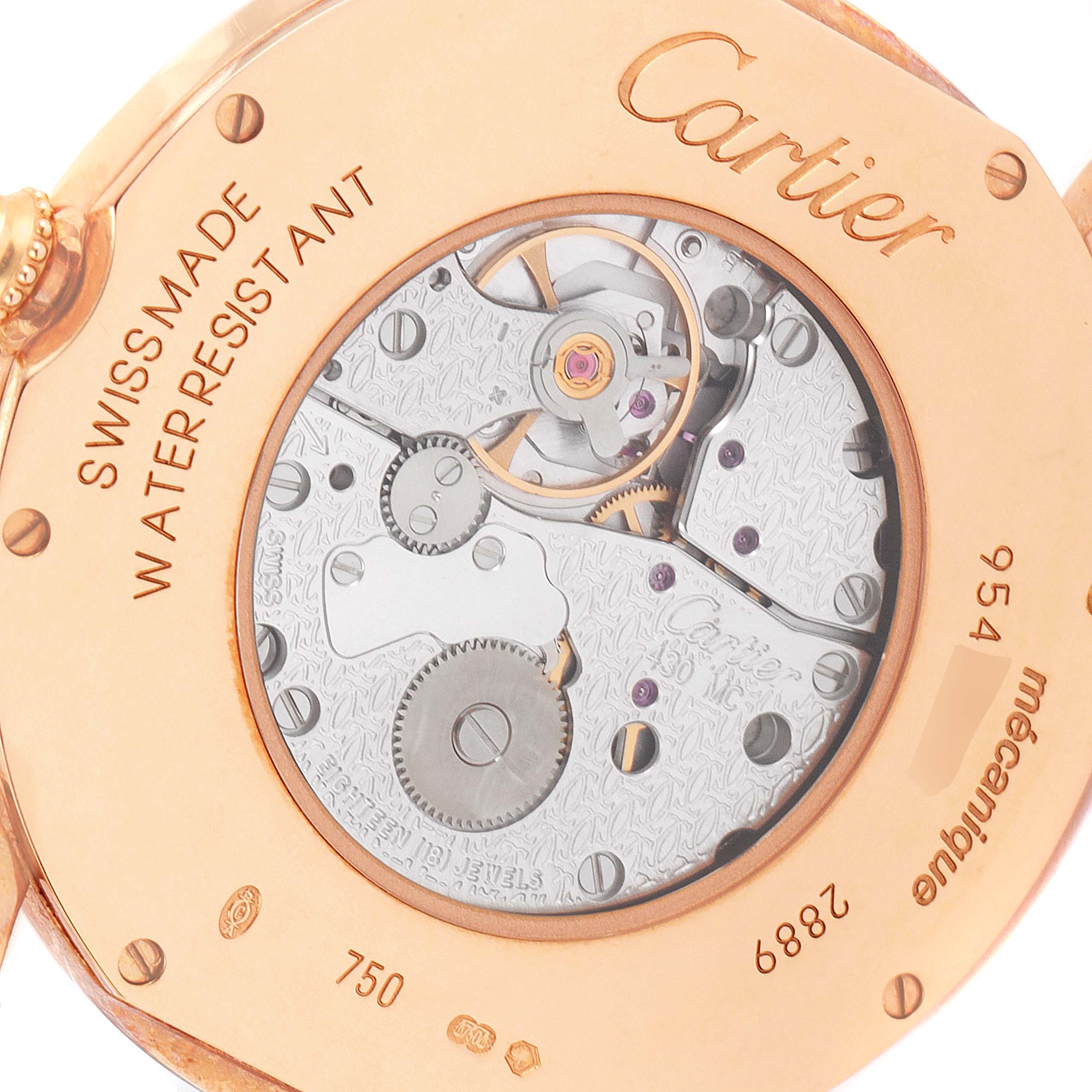 The image shows a close-up of the back of the Cartier Ronde W6800251 Men's Rose Gold Silver Dial W6800251 Men's Rose Gold Silver Dial watch, highlighting its internal mechanics and engravings.