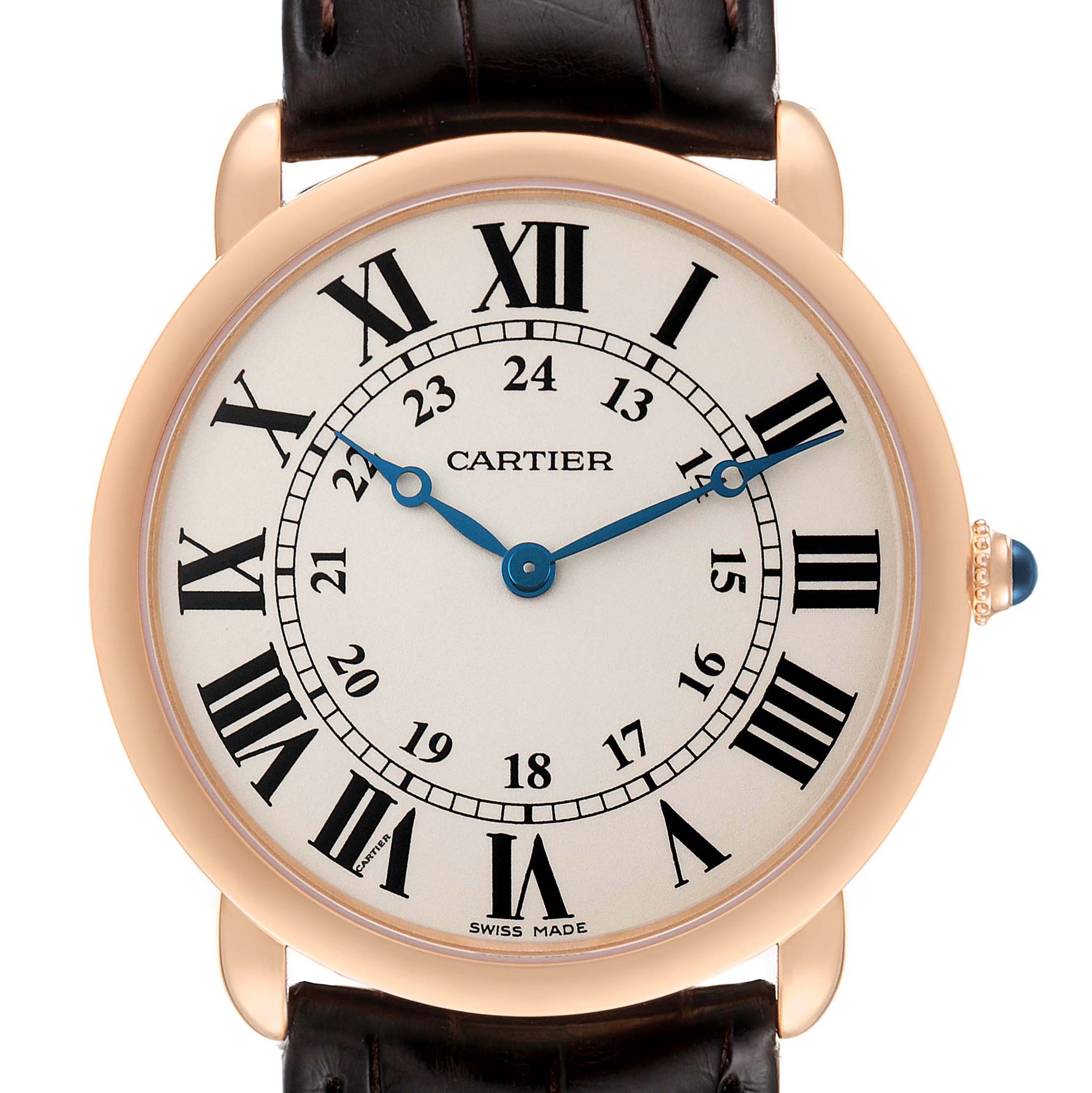 The Cartier Ronde W6800251 Men's Rose Gold Silver Dial watch is shown from the front, displaying the dial, case, and part of the strap.