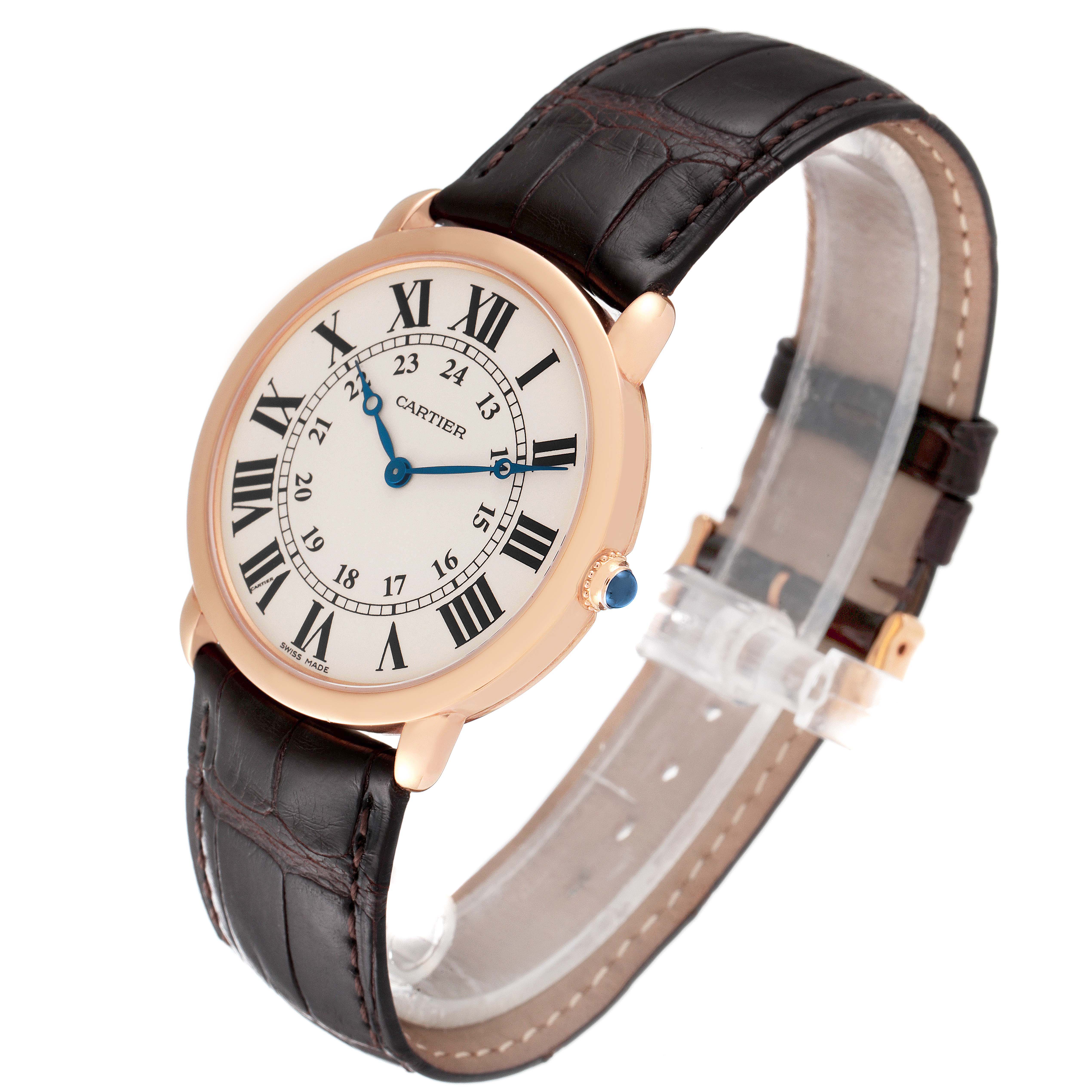 The image shows a Cartier Ronde W6800251 Men's Rose Gold Silver Dial watch at a three-quarter angle, displaying the face, bezel, crown, and leather strap.