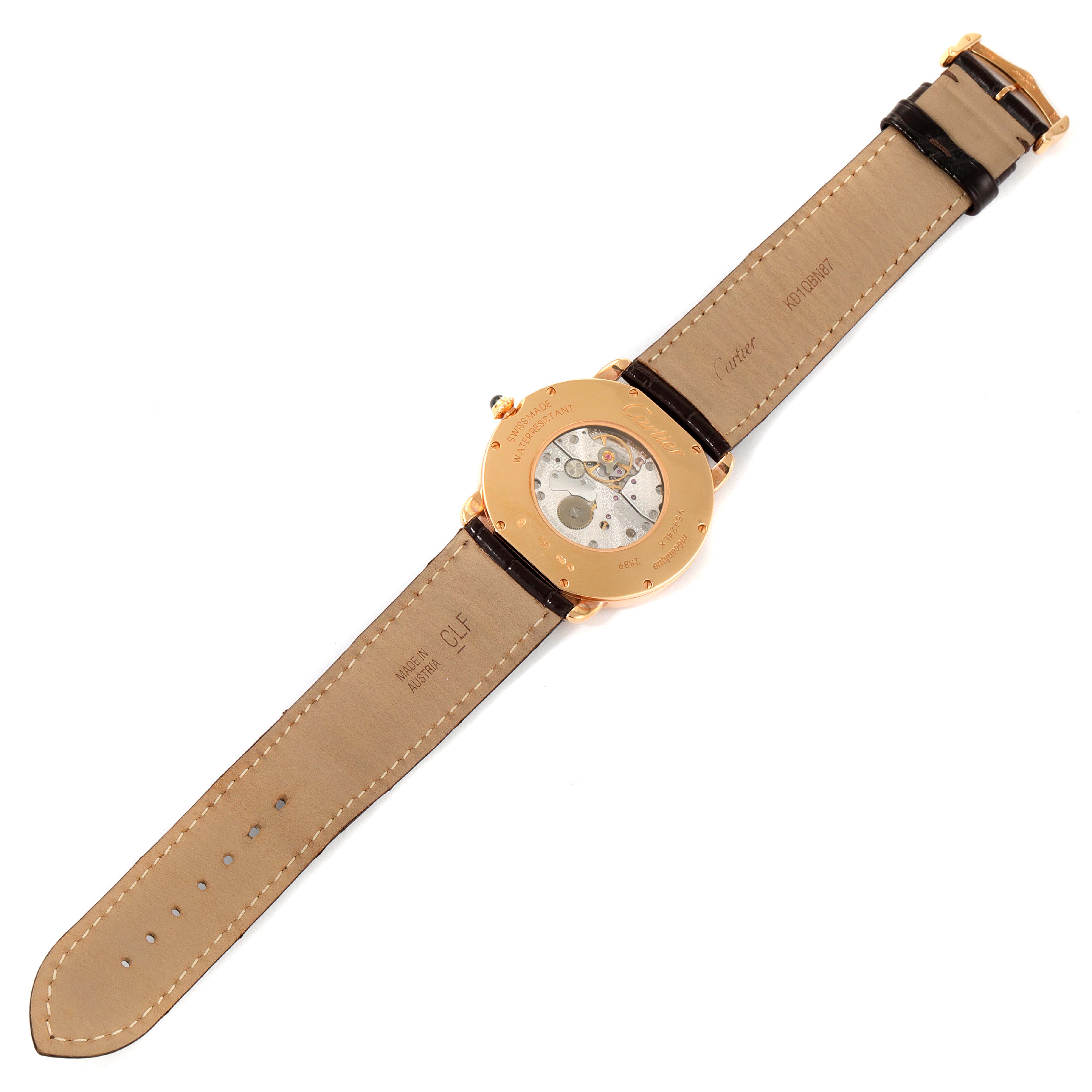 The image shows the back view of a Cartier Ronde W6800251 Men's Rose Gold Silver Dial W6800251 Men's Rose Gold Silver Dial model watch, highlighting its transparent case back and leather strap.