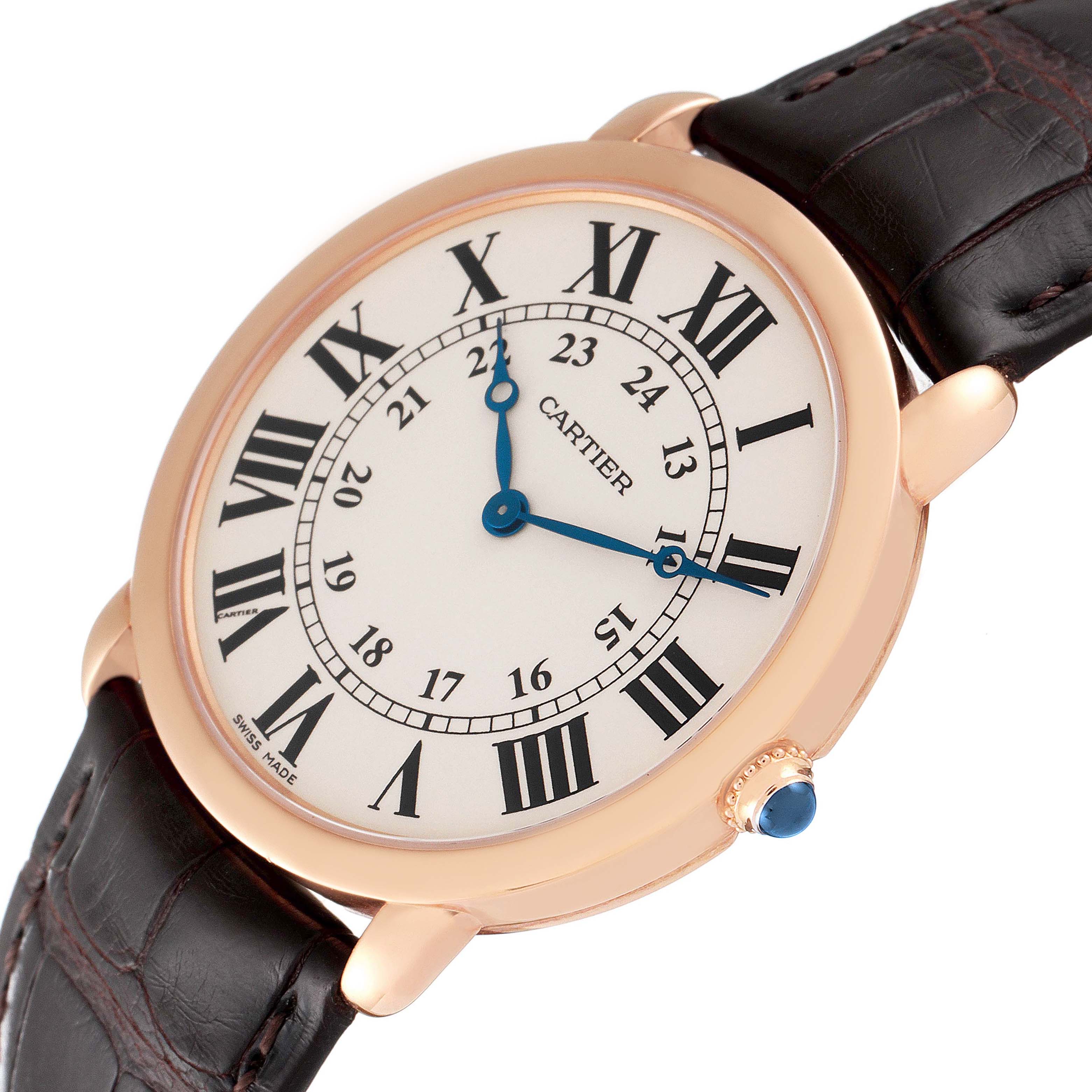 The Cartier Ronde W6800251 Men's Rose Gold Silver Dial watch is shown at an angled view highlighting its dial, case, crown, and leather strap.