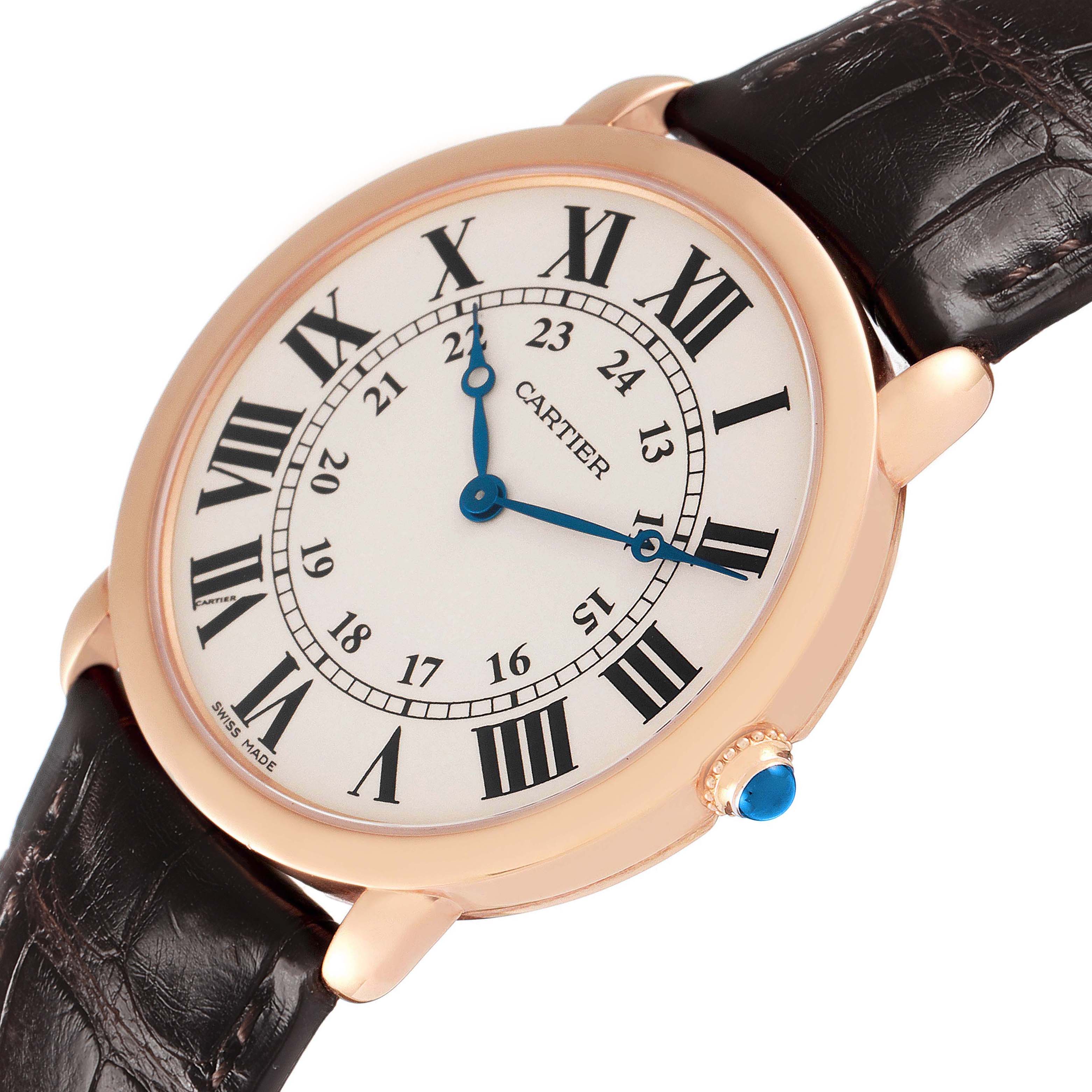 The Cartier Ronde W6800251 Men's Rose Gold Silver Dial watch is shown at an angled view displaying its dial, Roman numerals, hands, and leather strap.