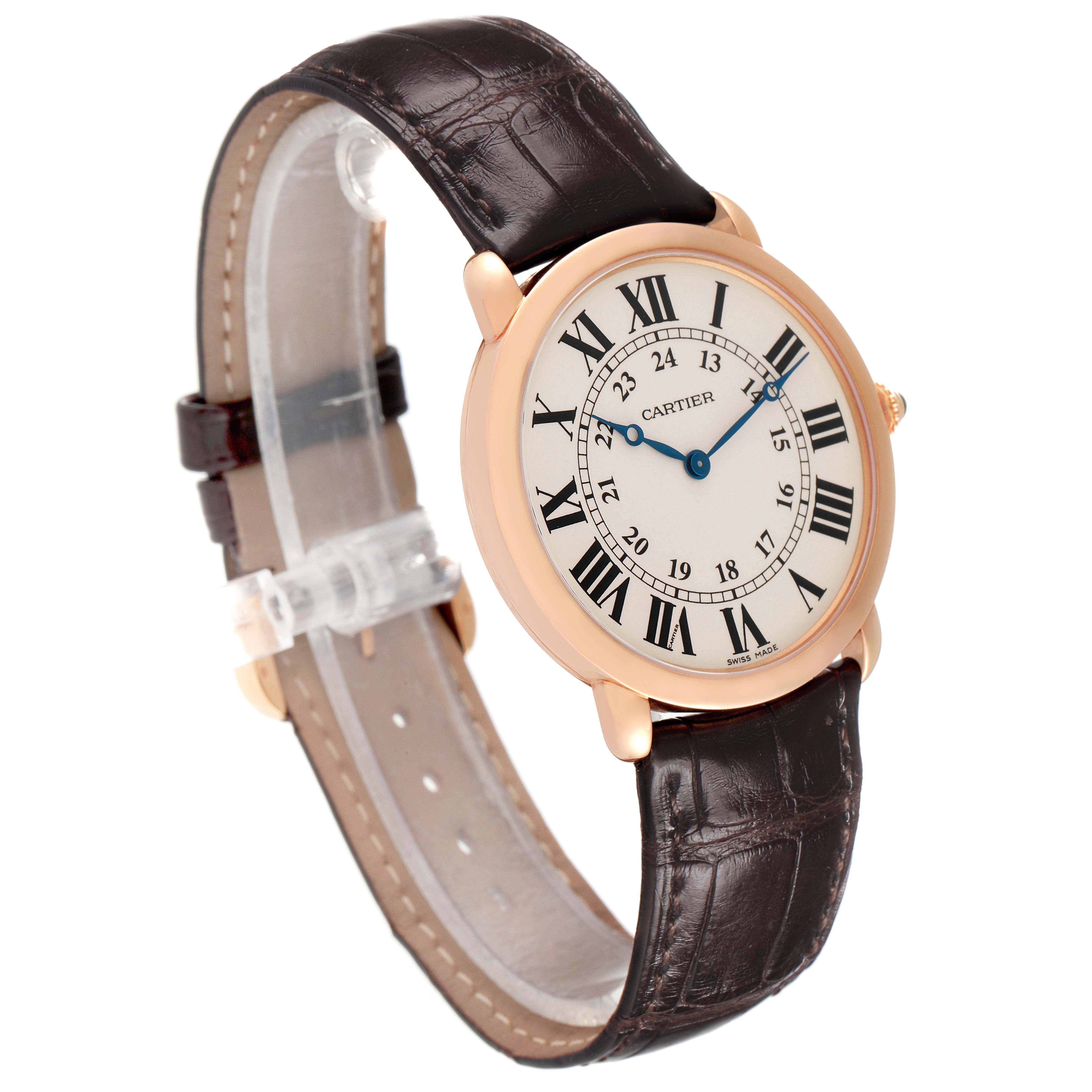 The Cartier Ronde W6800251 Men's Rose Gold Silver Dial watch is shown at an angle displaying the face, bezel, and leather strap.