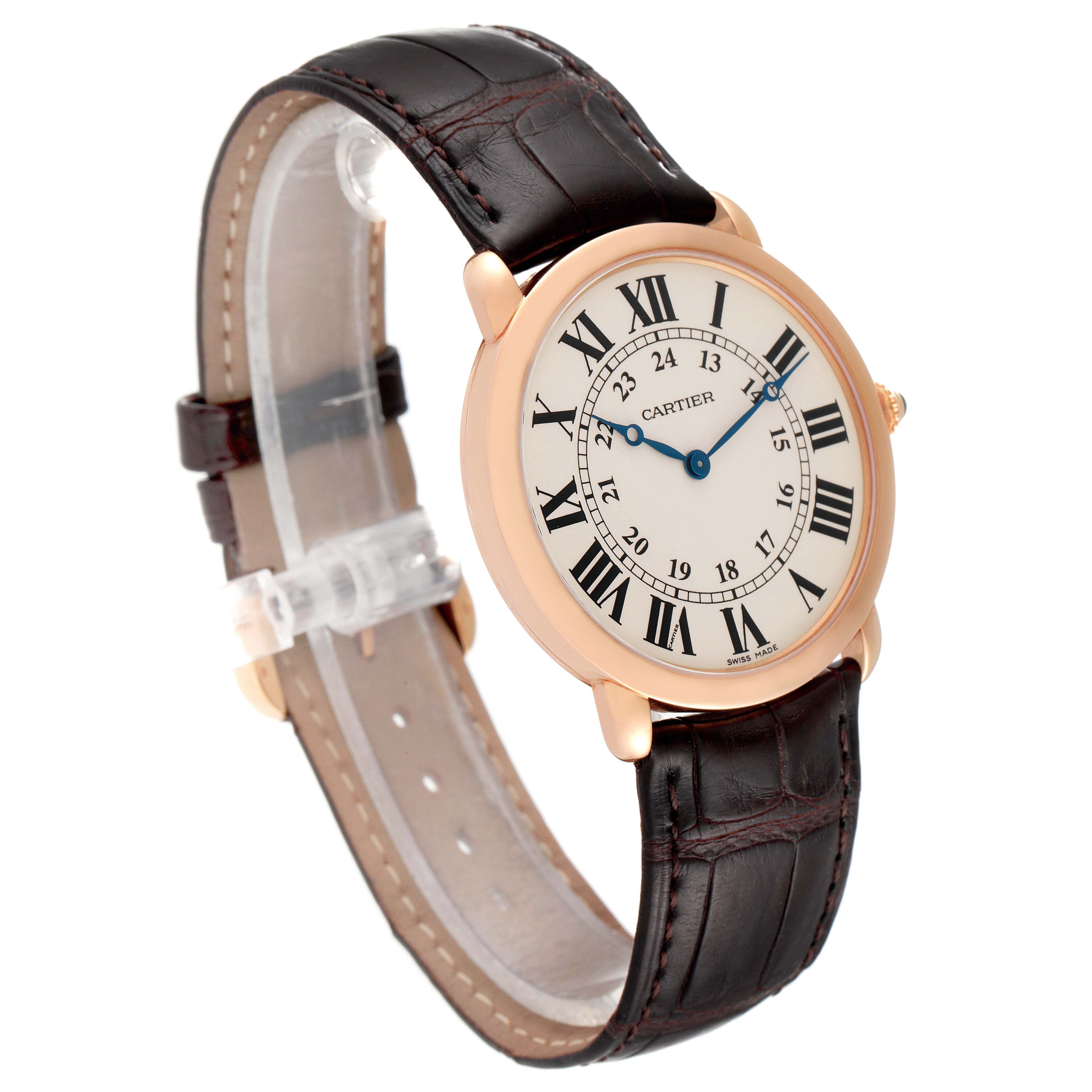 The Cartier Ronde W6800251 Men's Rose Gold Silver Dial watch is shown at a three-quarter angle, displaying the case, dial, leather strap, and buckle.