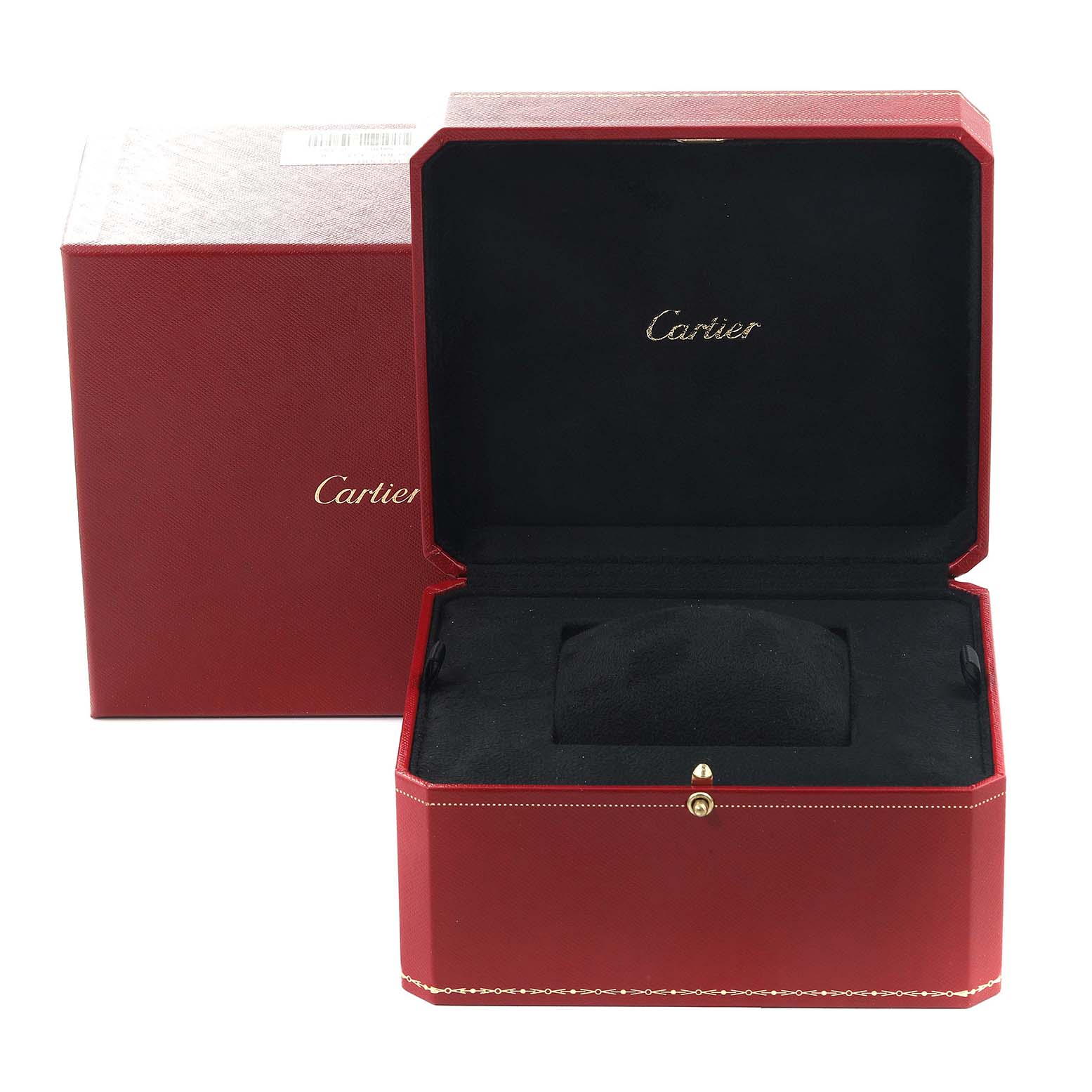 The image shows an open Cartier Ronde W6701009 Men
s Rose Gold Silver Dial W6701009 Men
s Rose Gold Silver Dial watch box with the exterior packaging displayed behind it.