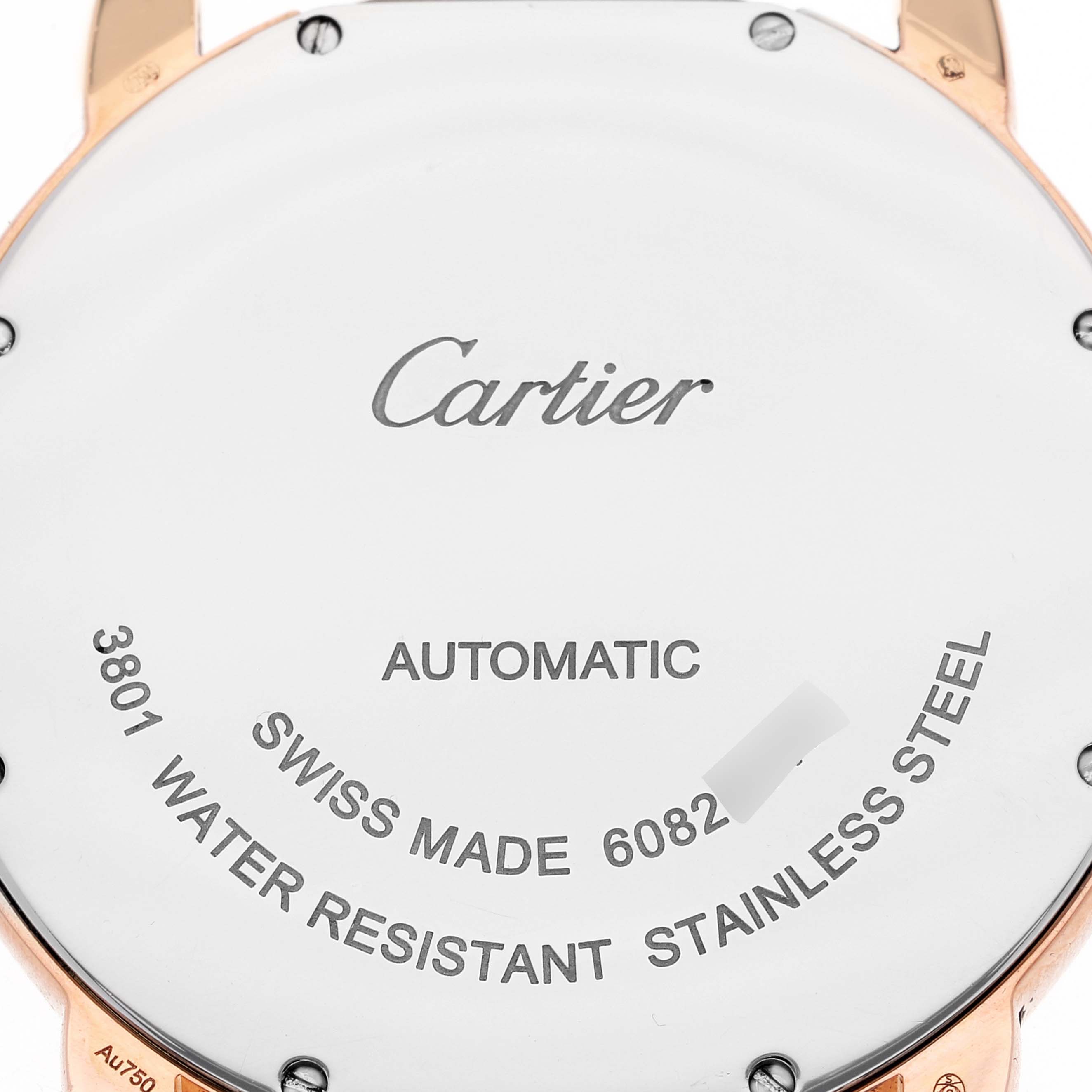 This image shows the back case of a Cartier Ronde W6701009 Men
s Rose Gold Silver Dial W6701009 Men
s Rose Gold Silver Dial watch, highlighting the brand name and specifications.