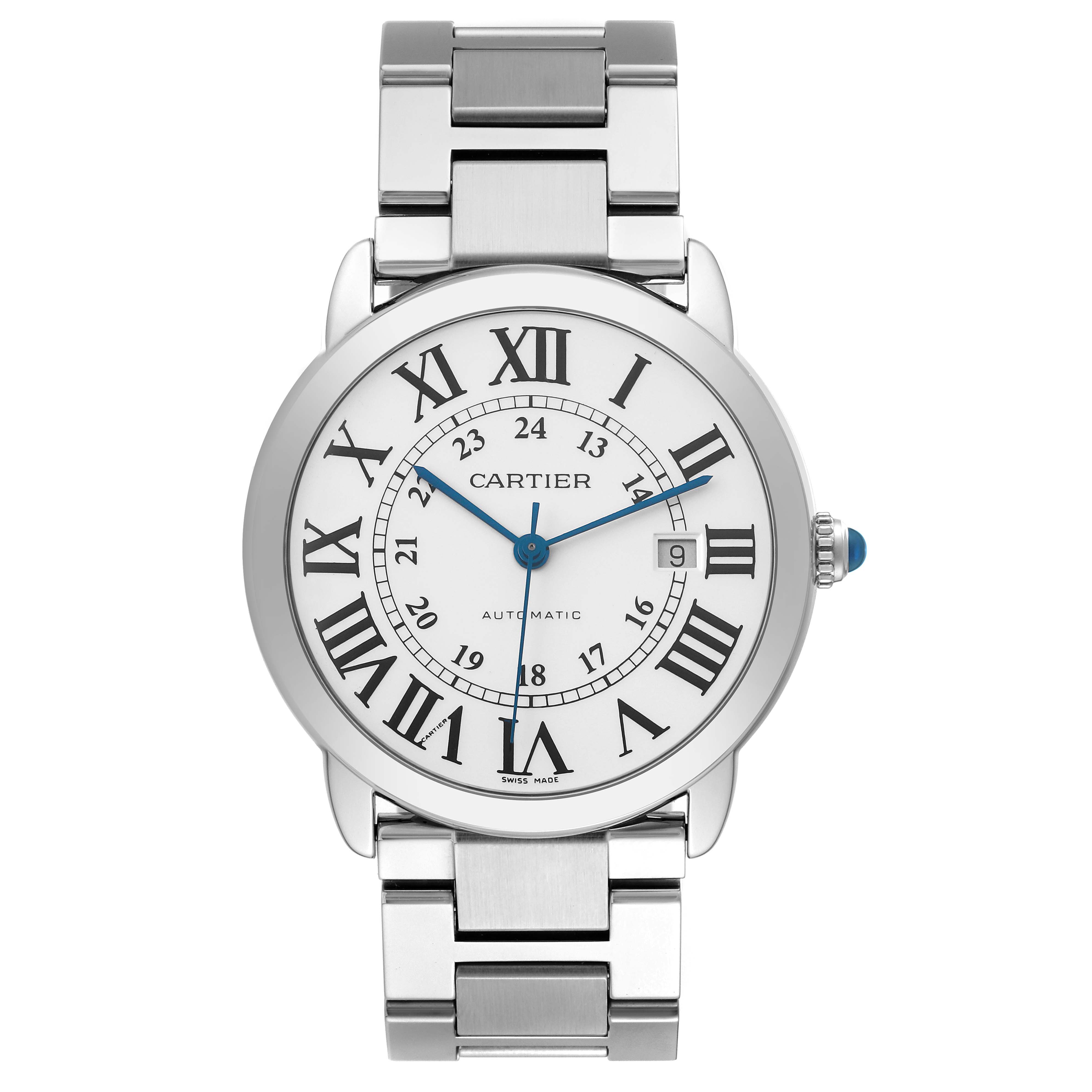 The Cartier Ronde W6701011 Men's Stainless Steel Silver Dial watch is shown from a front angle, highlighting its dial, Roman numerals, and metal bracelet.