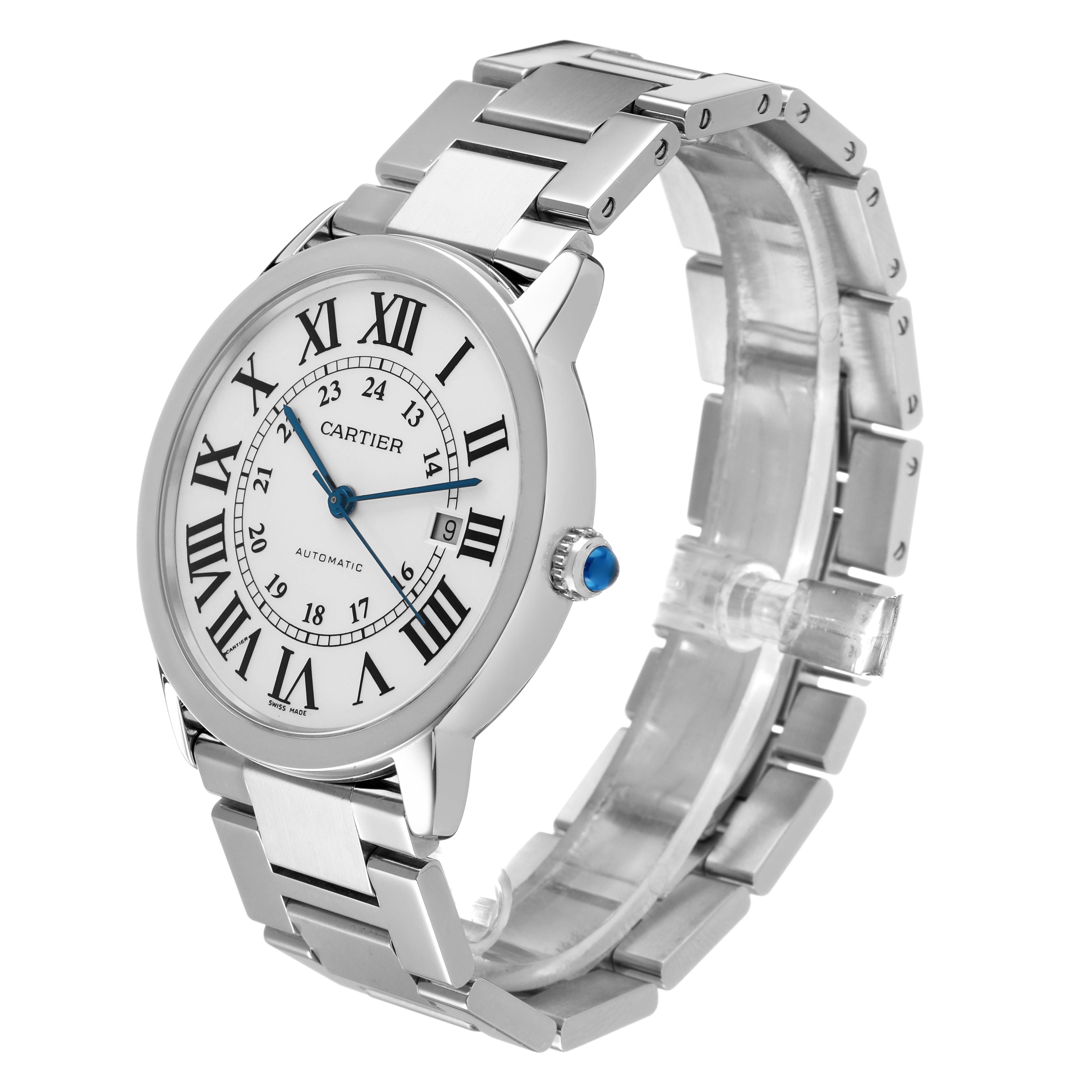 The Cartier Ronde W6701011 Men's Stainless Steel Silver Dial watch is shown at a three-quarter angle displaying the face, bezel, crown, and metal bracelet.