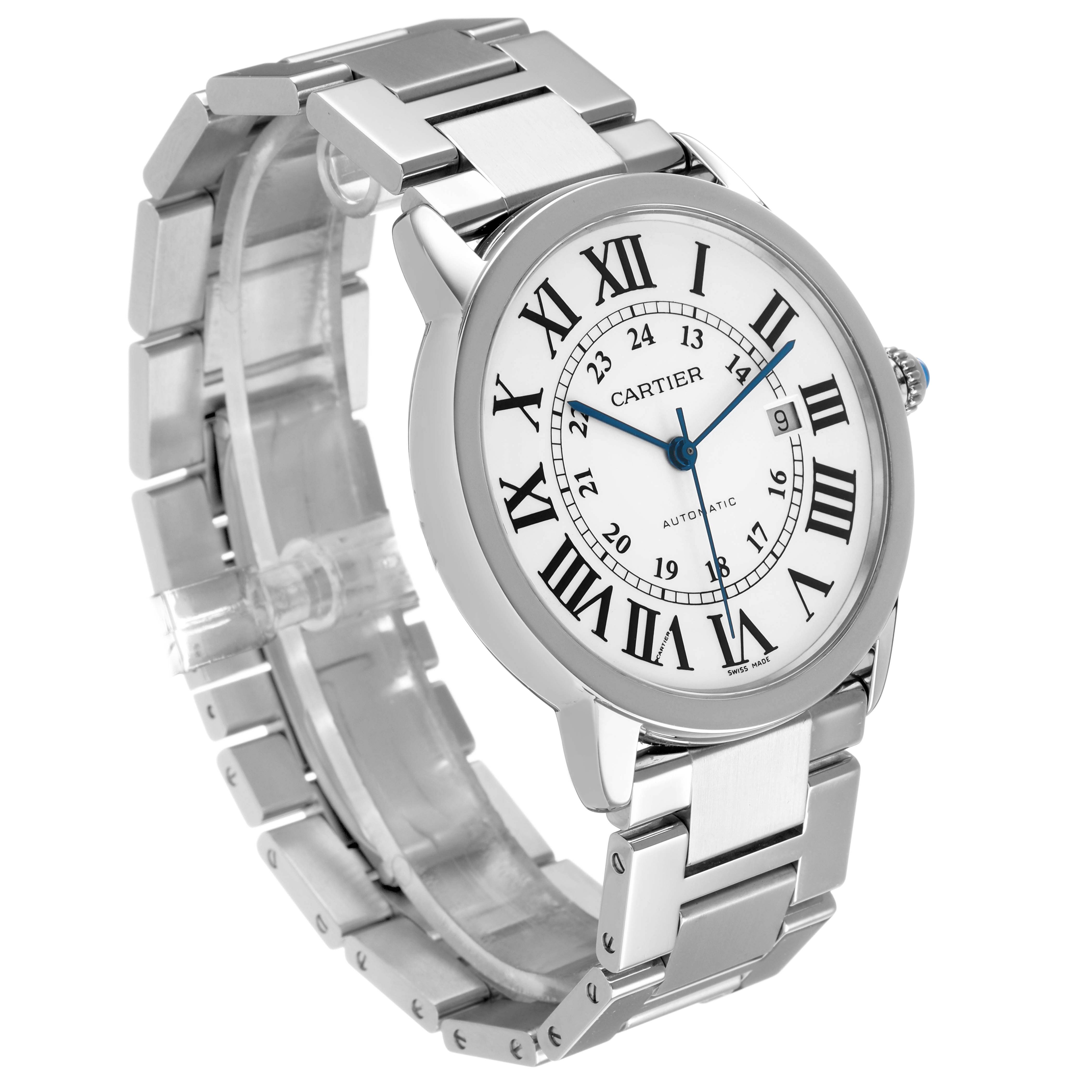 The Cartier Ronde W6701011 Men's Stainless Steel Silver Dial watch is shown from a three-quarter angle displaying the face, Roman numerals, and metal bracelet.