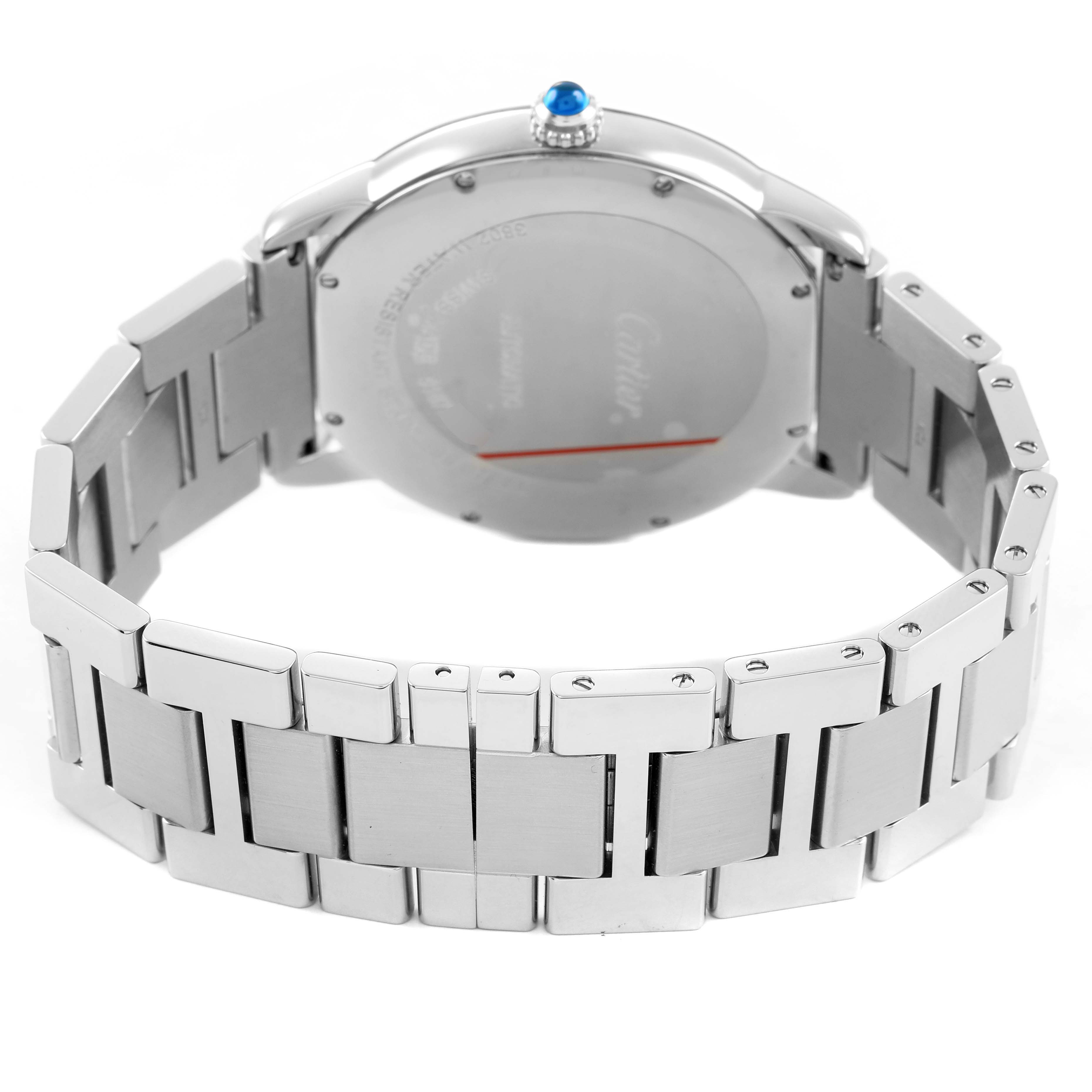 The Cartier Ronde W6701011 Men's Stainless Steel Silver Dial watch is shown from the back angle, highlighting the metallic bracelet and case back.