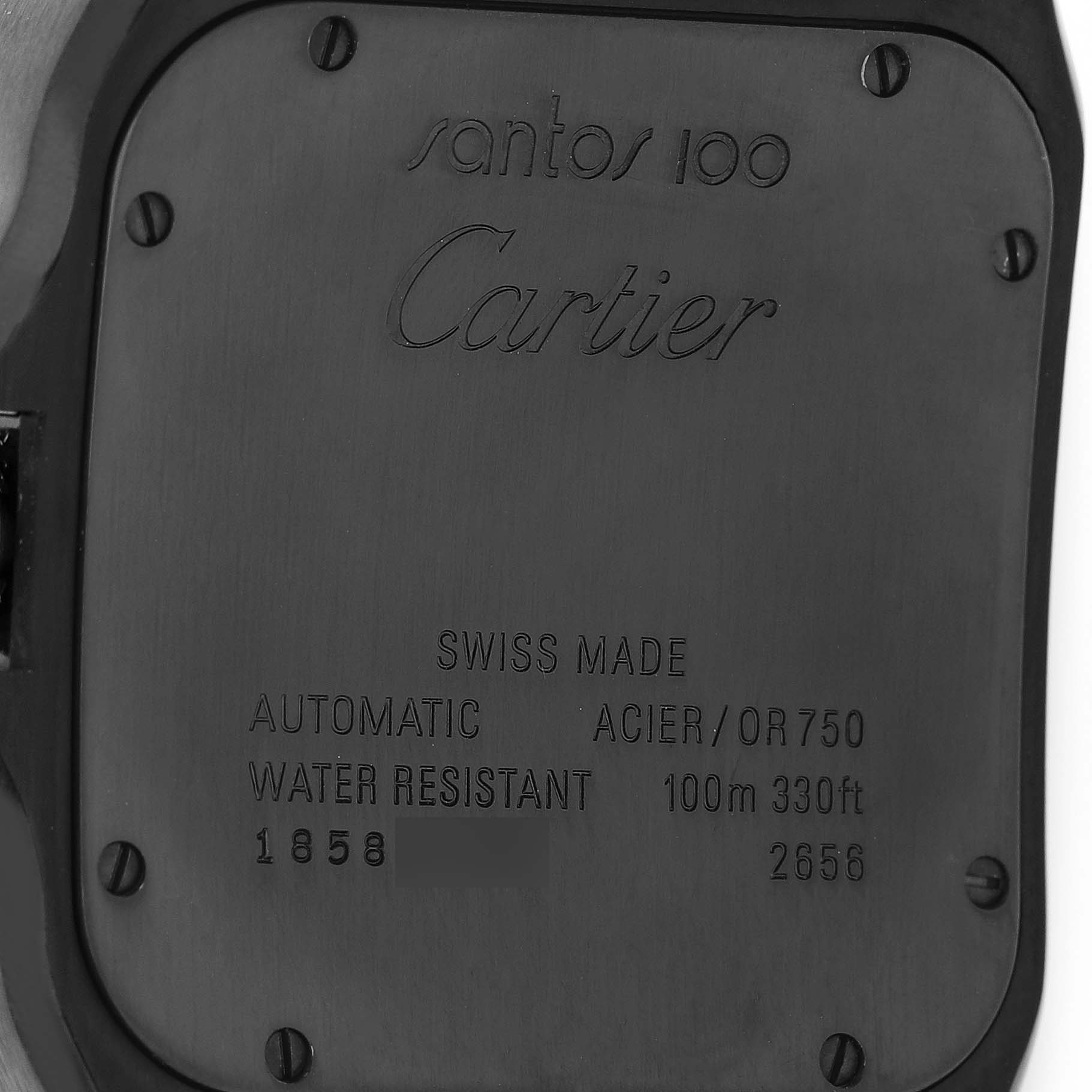 The image shows the back case of a Cartier Santos W2020007 Men's Stainless Steel Black Dial 100 watch, featuring engravings and screws.