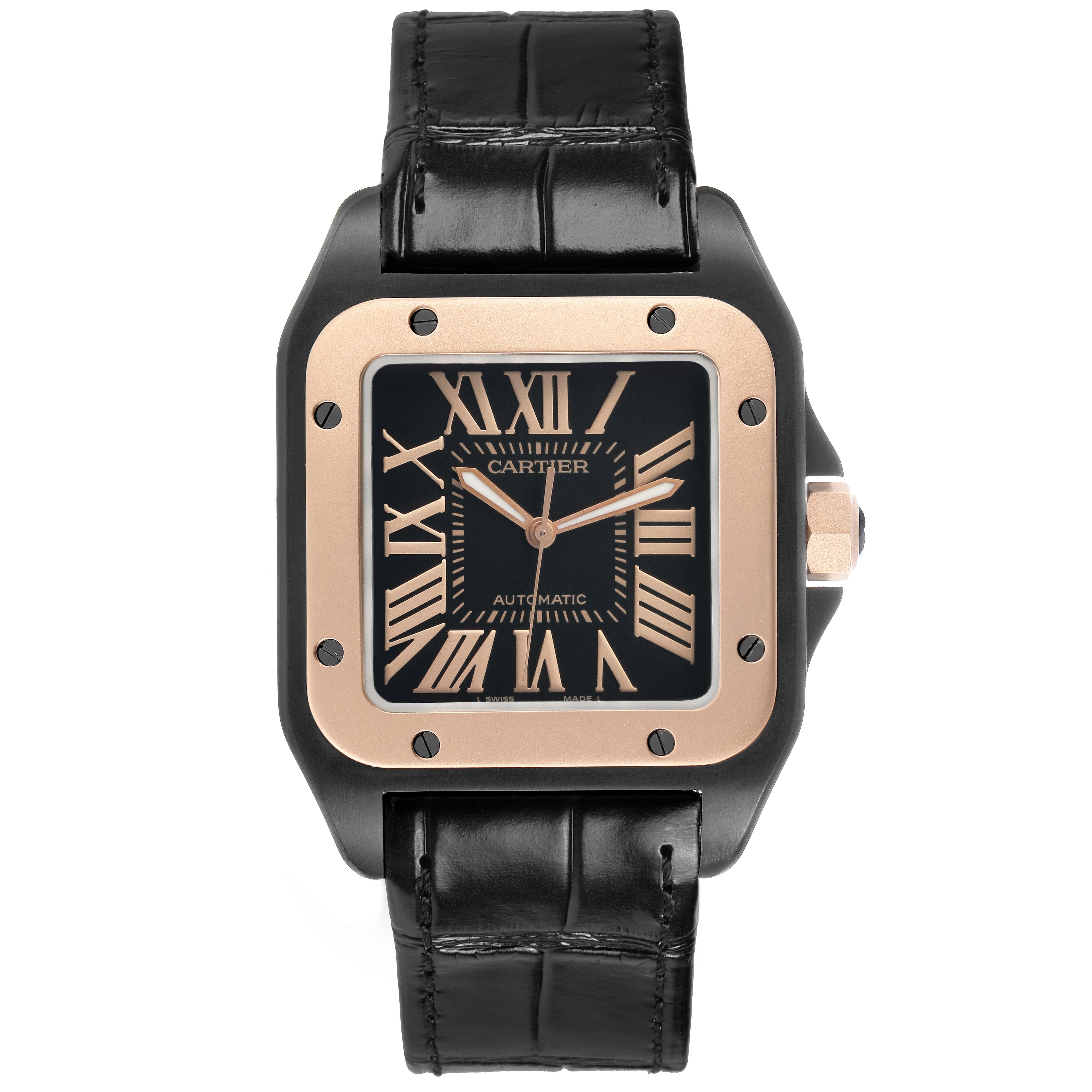 The Cartier Santos W2020007 Men's Stainless Steel Black Dial watch is shown from a front angle, displaying its square face, black strap, and gold Roman numeral dial.