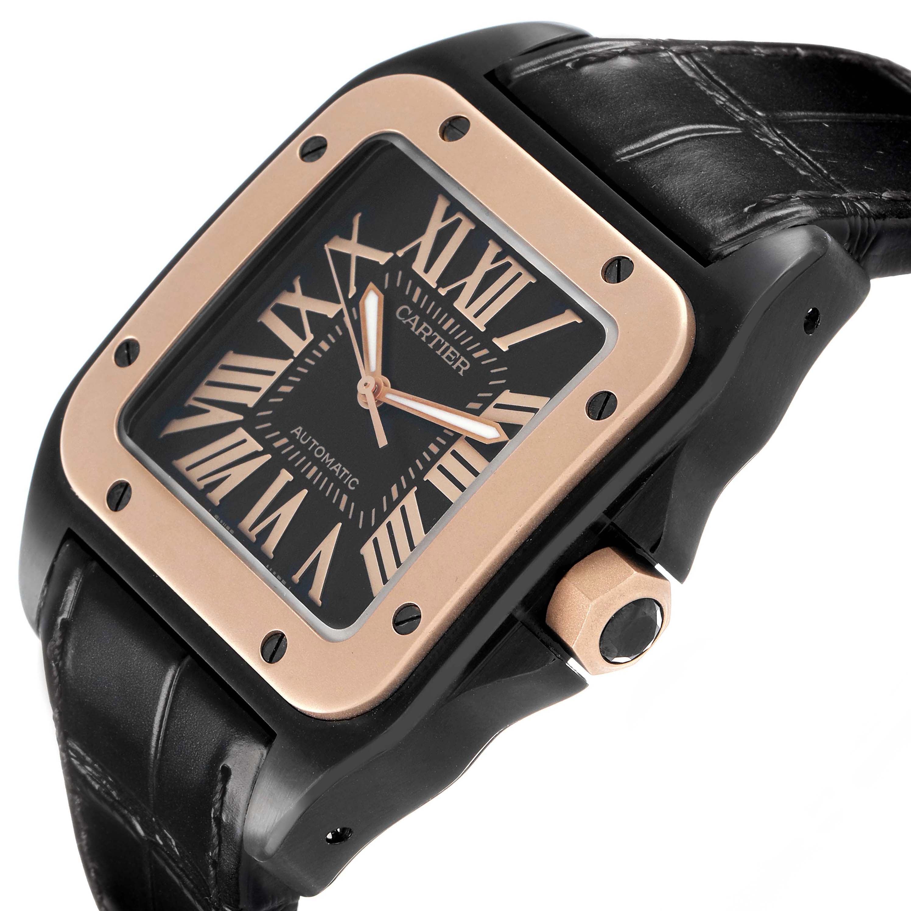 The Cartier Santos W2020007 Men's Stainless Steel Black Dial watch is shown from a front-side angle, highlighting the face, bezel, crown, and leather strap.