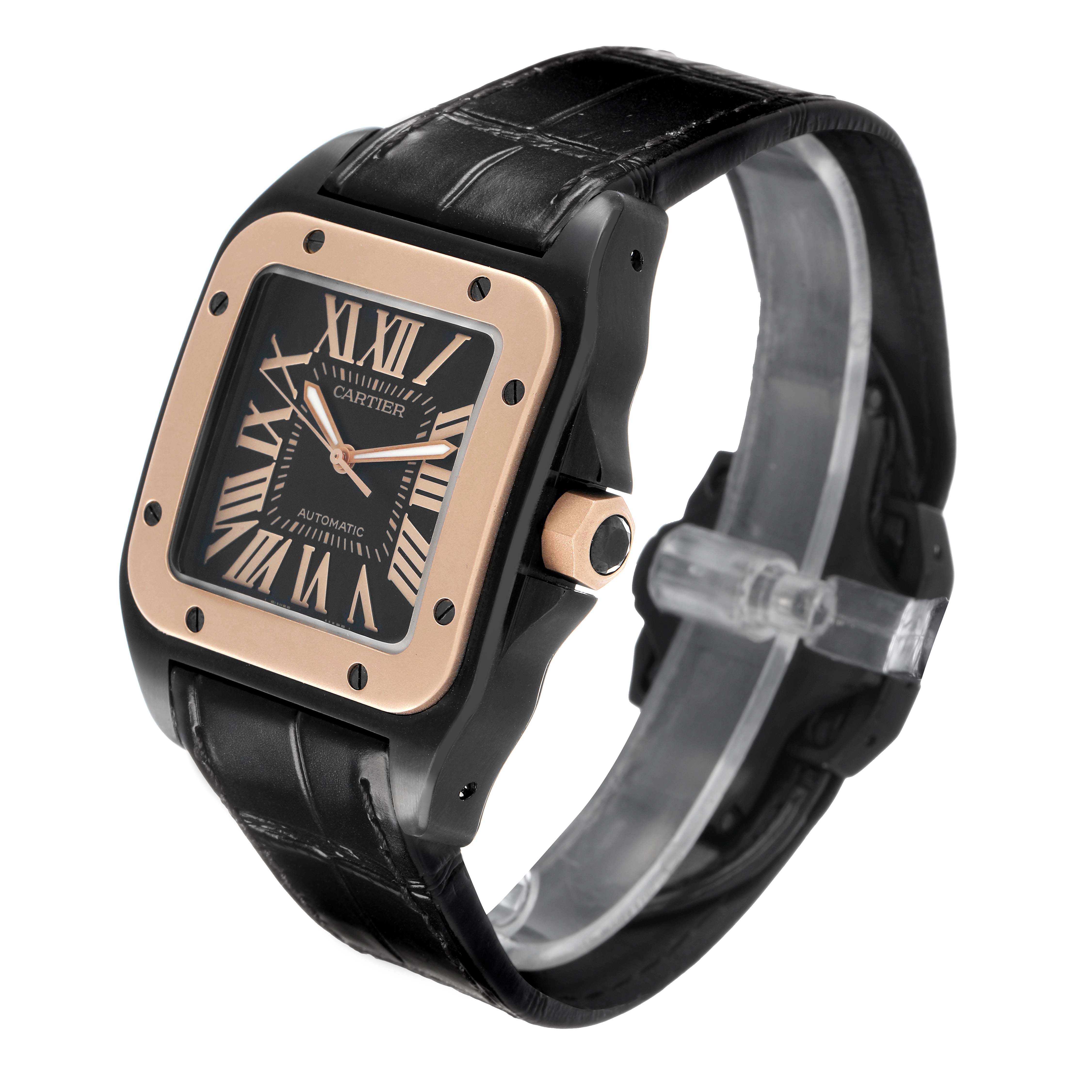 The Cartier Santos W2020007 Men's Stainless Steel Black Dial watch is shown at a three-quarter angle, highlighting its square face, bezel, crown, and black strap.