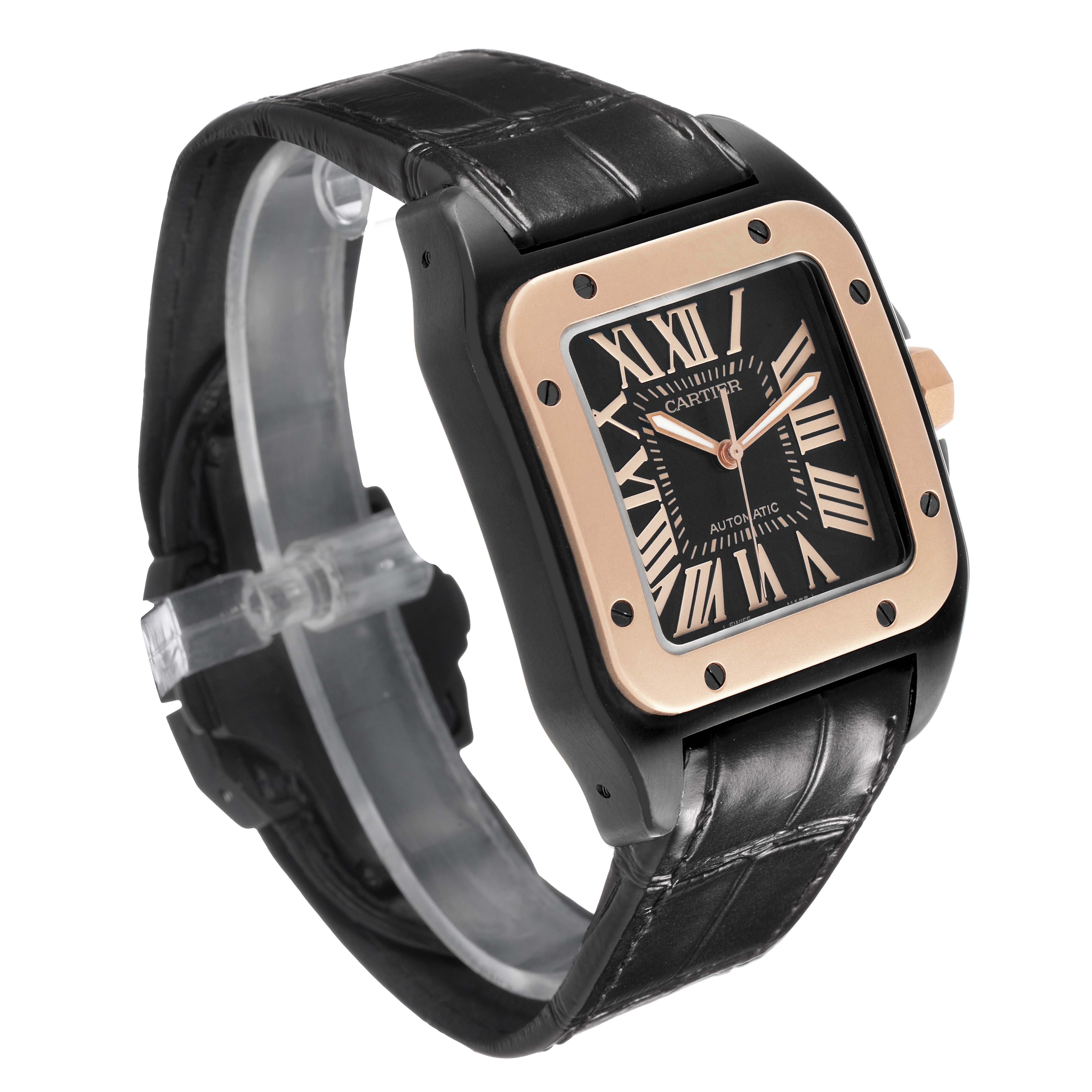The Cartier Santos W2020007 Men's Stainless Steel Black Dial watch is shown at a three-quarter angle, highlighting its square face, black strap, and rose gold bezel.