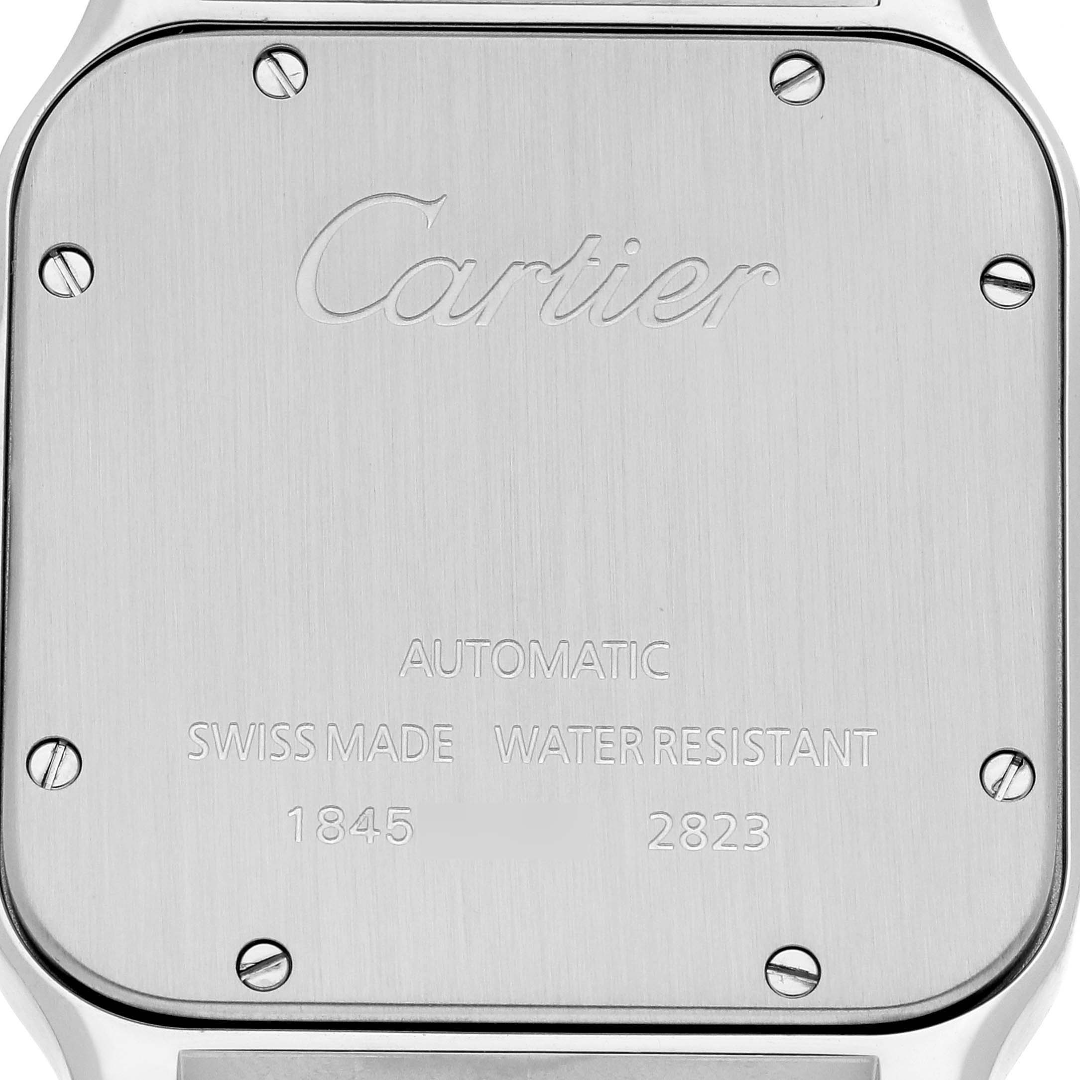 This image shows the case back of the Cartier Santos W20099C4 Men
s Steel and Gold (two tone) Silver Dial W20099C4 Men
s Steel and Gold (two tone) Silver Dial watch, highlighting its screws and engravings.