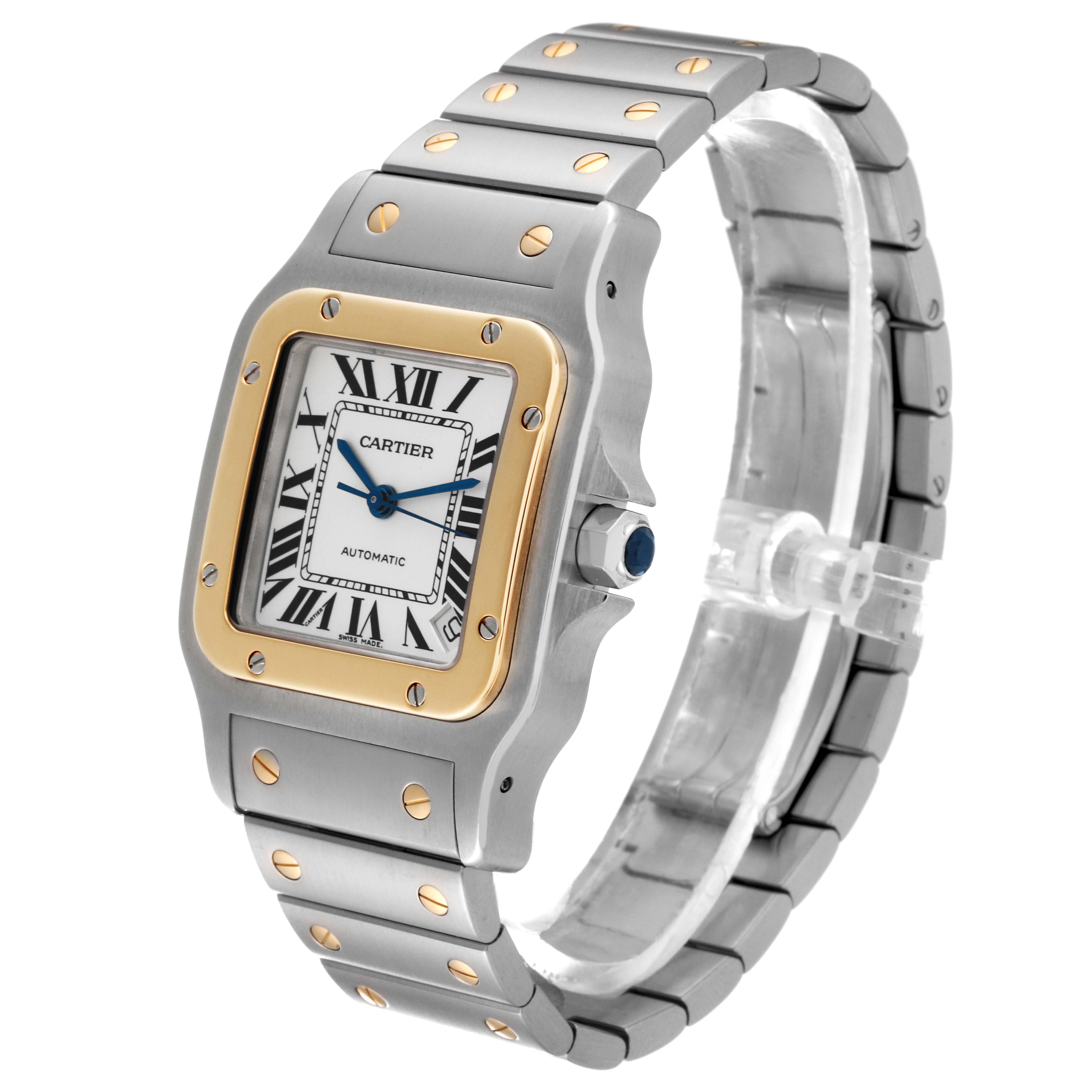 The Cartier Santos W20099C4 Men
s Steel and Gold (two tone) Silver Dial W20099C4 Men
s Steel and Gold (two tone) Silver Dial watch is shown at a three-quarter angle, displaying the face, bezel, crown, and bracelet.