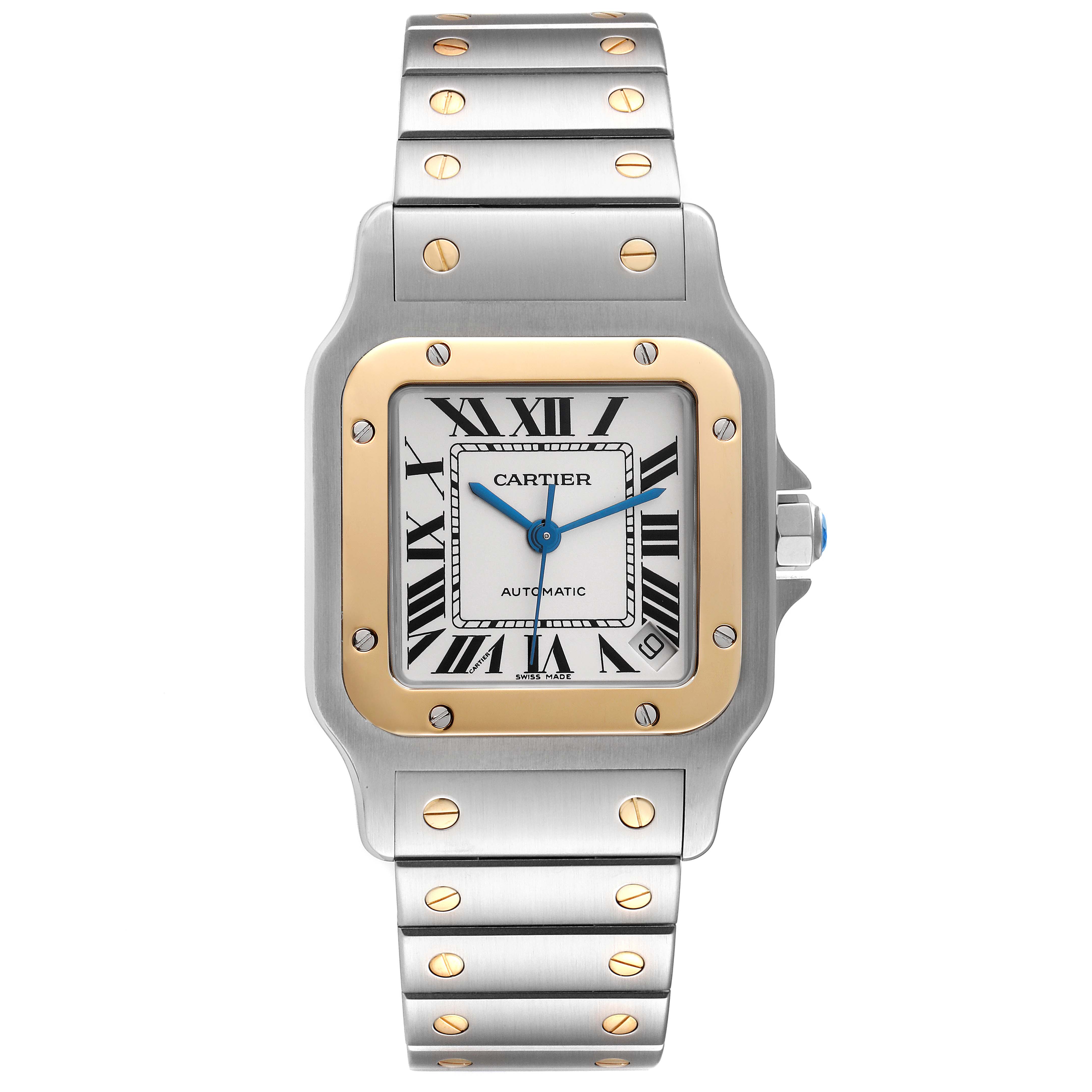 The image shows a front view of the Cartier Santos W20099C4 Men
s Steel and Gold (two tone) Silver Dial W20099C4 Men
s Steel and Gold (two tone) Silver Dial watch, displaying the face, bezel, and bracelet.