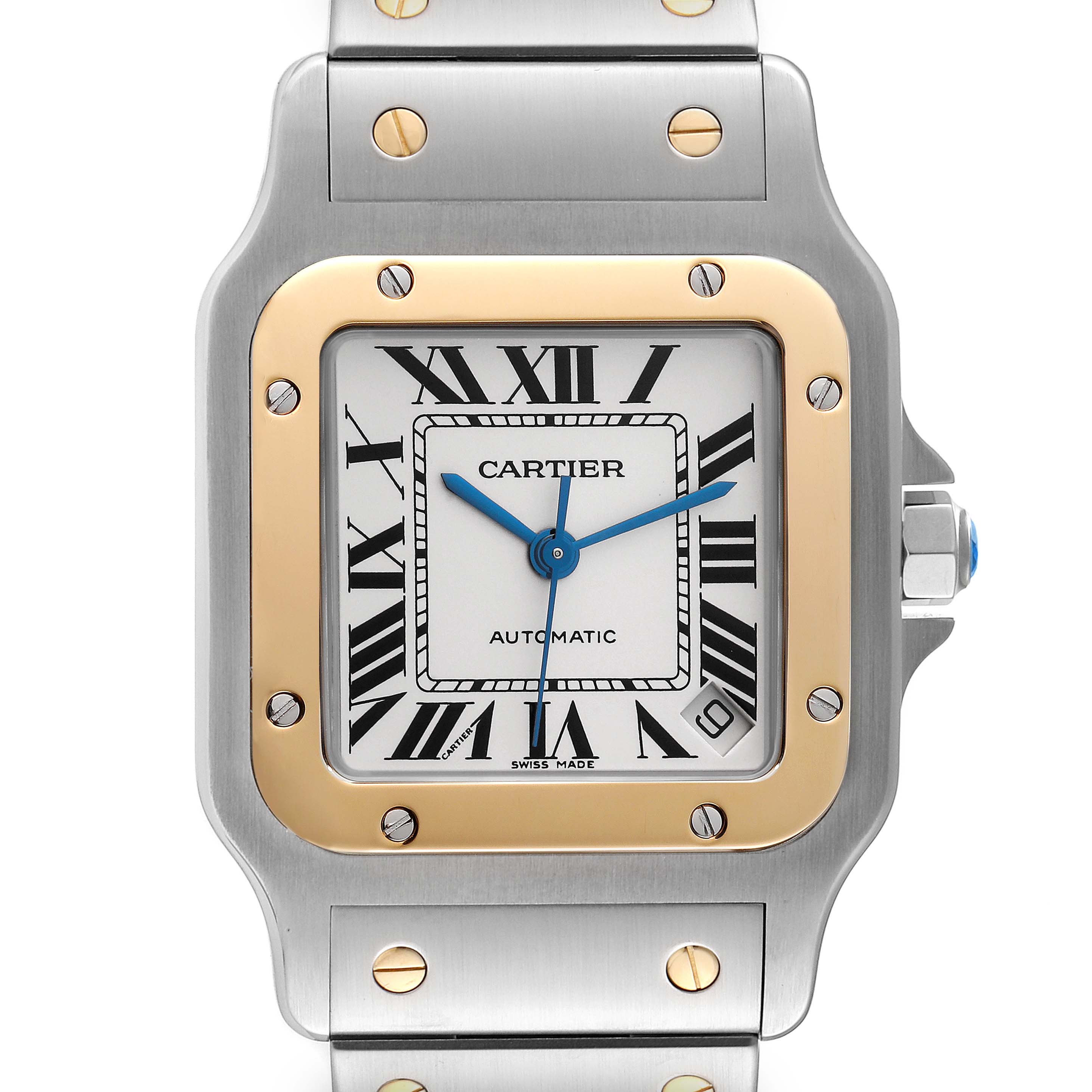 The image shows a front view of the Cartier Santos W20099C4 Men
s Steel and Gold (two tone) Silver Dial W20099C4 Men
s Steel and Gold (two tone) Silver Dial watch, highlighting the dial, bezel, and part of the bracelet.