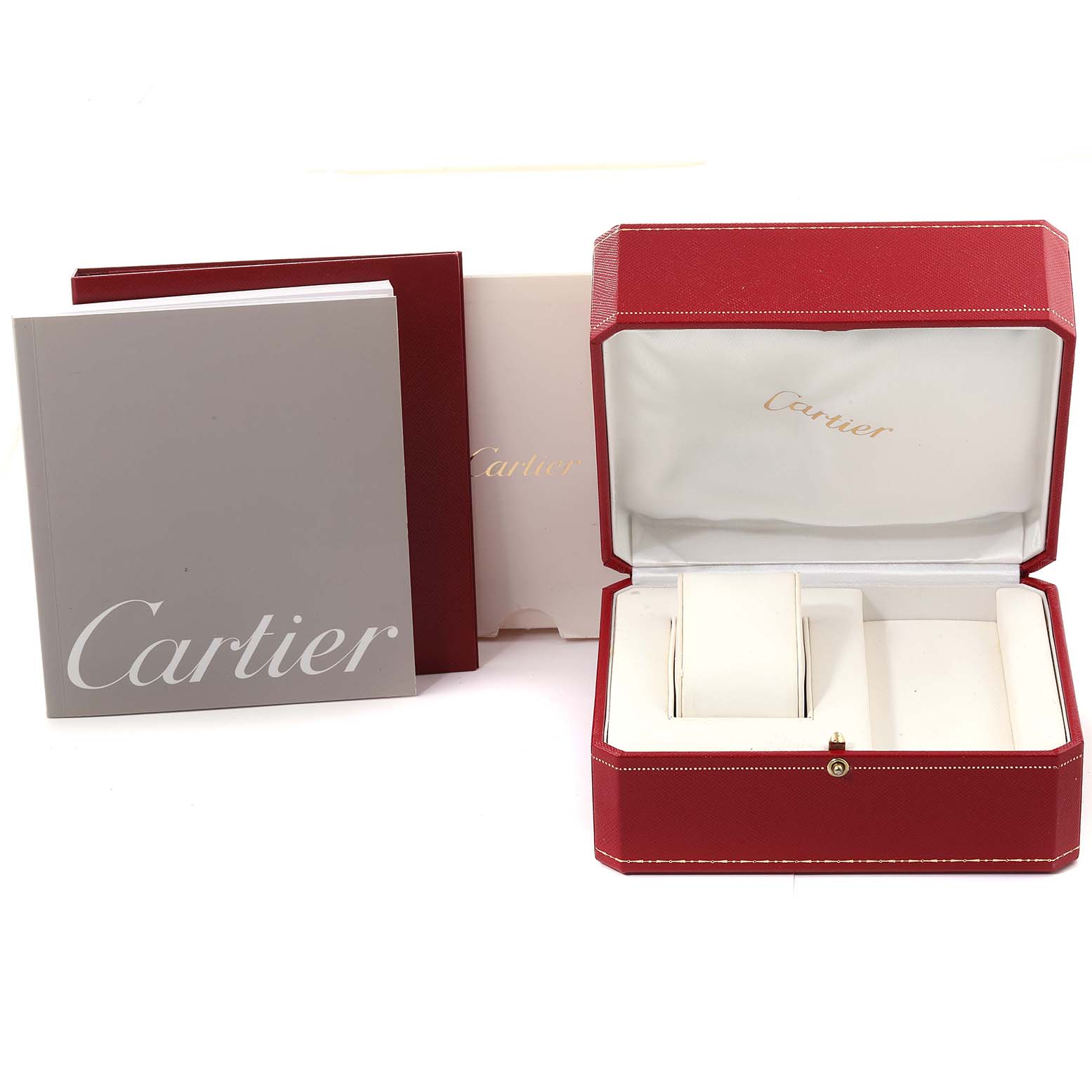 The image shows an open red Cartier box for a Santos model watch along with booklets and outer packaging.