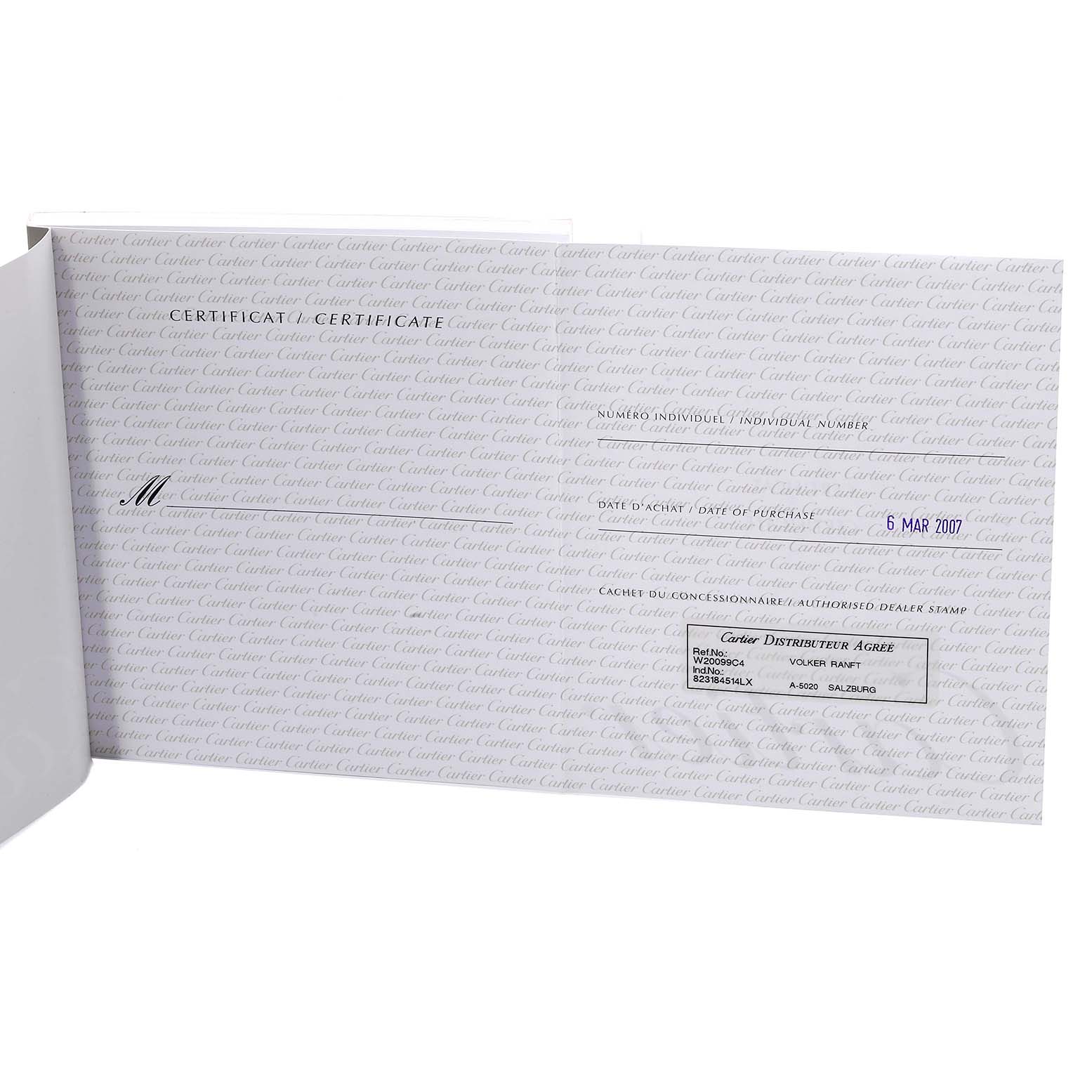 The image shows a warranty certificate for the Cartier Santos W20099C4 Men
s Steel and Gold (two tone) Silver Dial W20099C4 Men
s Steel and Gold (two tone) Silver Dial watch, with the brand name and purchase details visible.