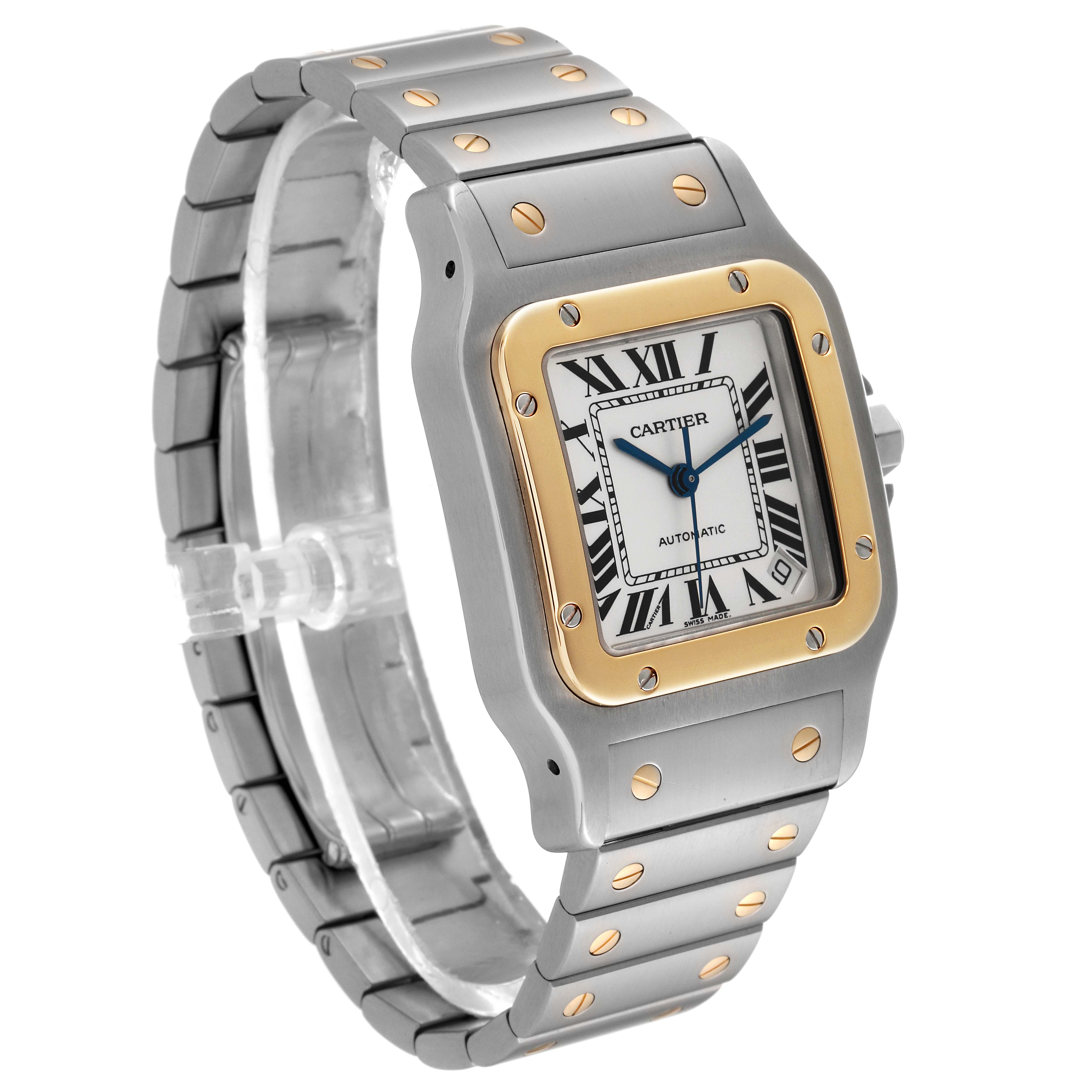 The image shows a side-angle view of a Cartier Santos W20099C4 Men
s Steel and Gold (two tone) Silver Dial W20099C4 Men
s Steel and Gold (two tone) Silver Dial watch highlighting the face, bezel, and metal bracelet.