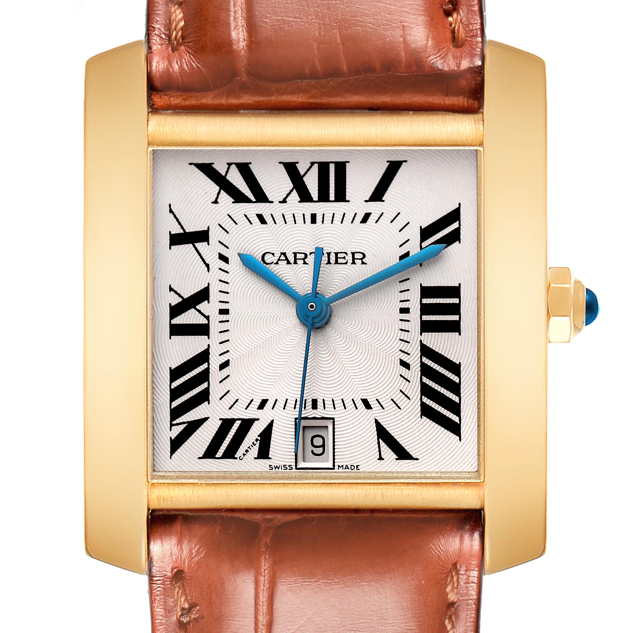 The Cartier Tank Francaise W5000156 Men's Yellow Gold Silver Dial W5000156 Men's Yellow Gold Silver Dial watch is shown from the front, displaying the face, Roman numerals, blue hands, and leather strap.