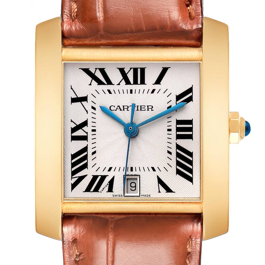 The Cartier Tank Francaise watch is shown from the front, displaying the face, Roman numerals, blue hands, and leather strap.