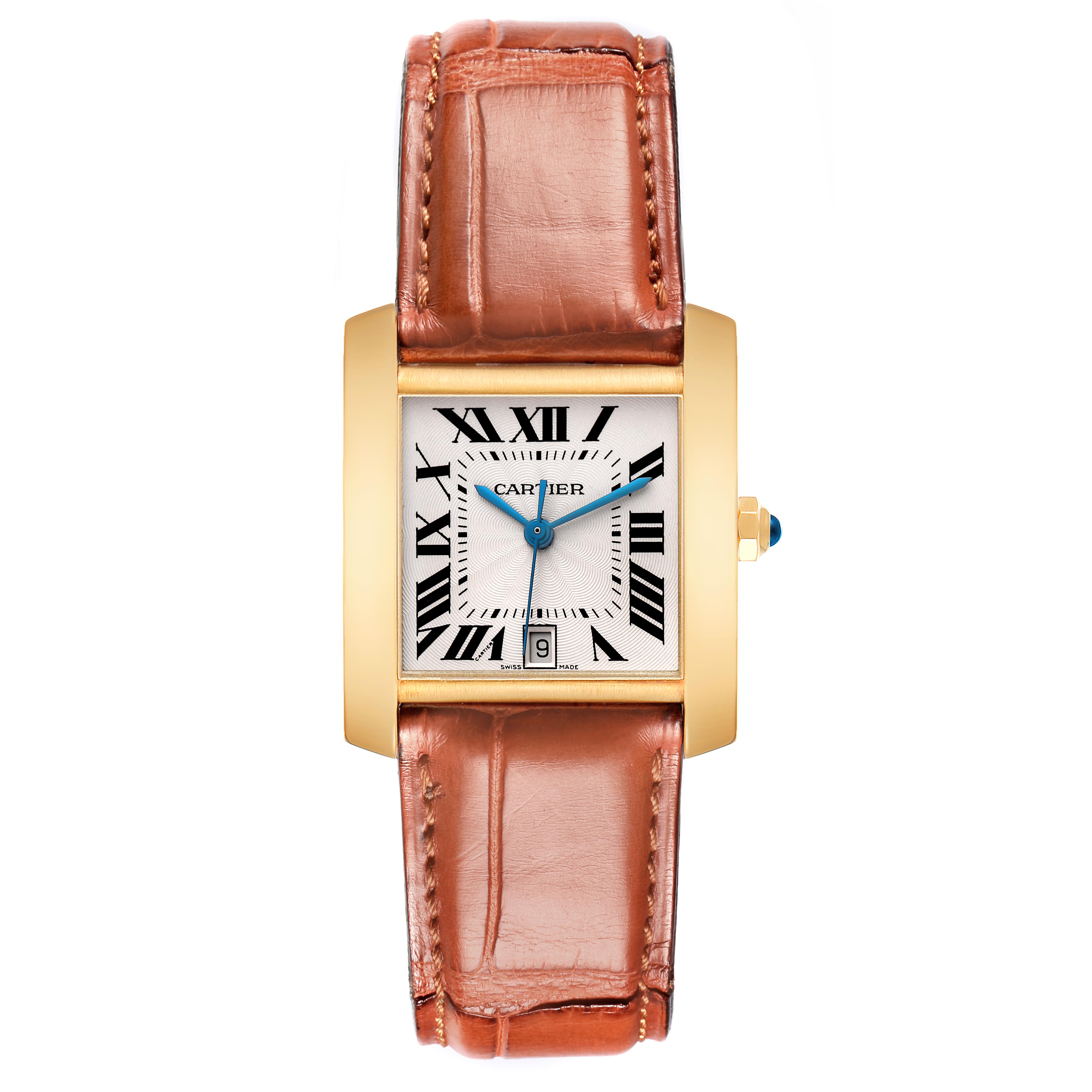 The Cartier Tank Francaise W5000156 Men's Yellow Gold Silver Dial W5000156 Men's Yellow Gold Silver Dial watch is shown from a front angle, highlighting its gold case, Roman numeral dial, and leather strap.