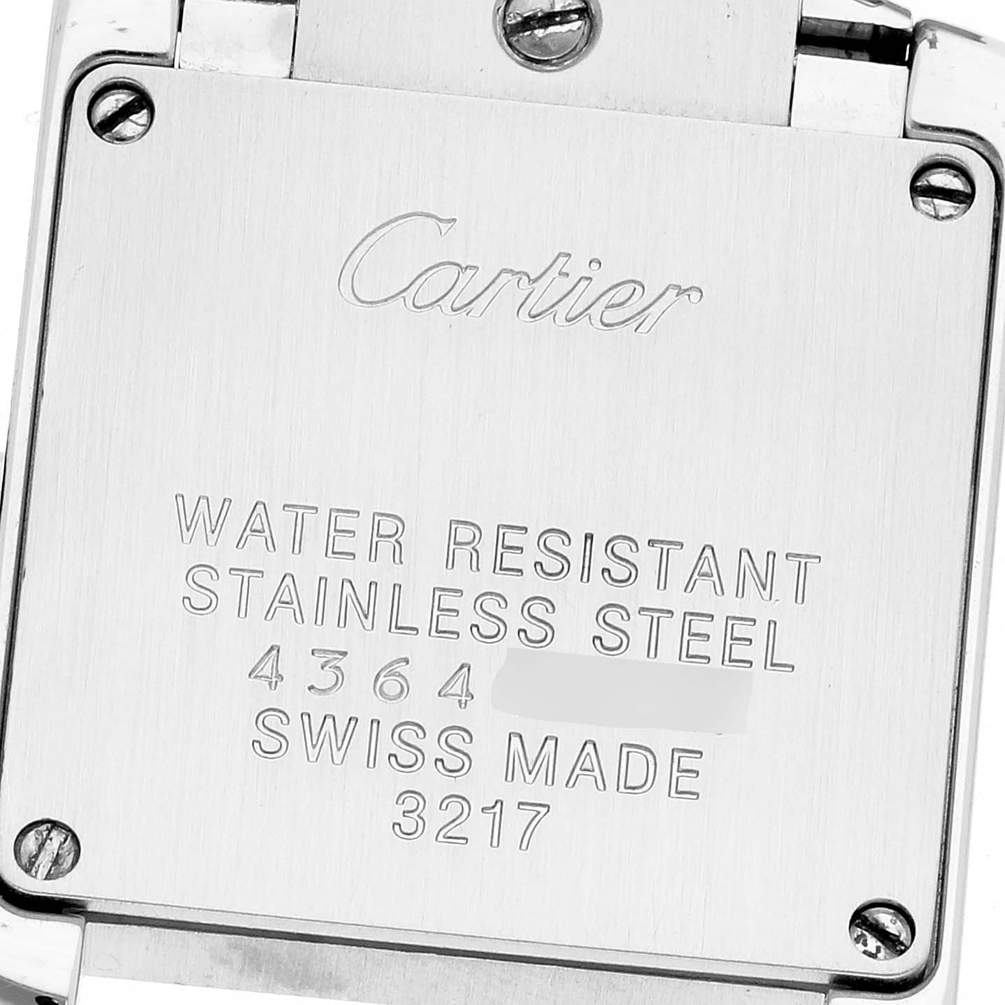 This image shows the back casing of a Cartier Tank Francaise W4TA0008 Women
s Stainless Steel Silver Dial W4TA0008 Women
s Stainless Steel Silver Dial watch, highlighting its water resistance and stainless steel details.