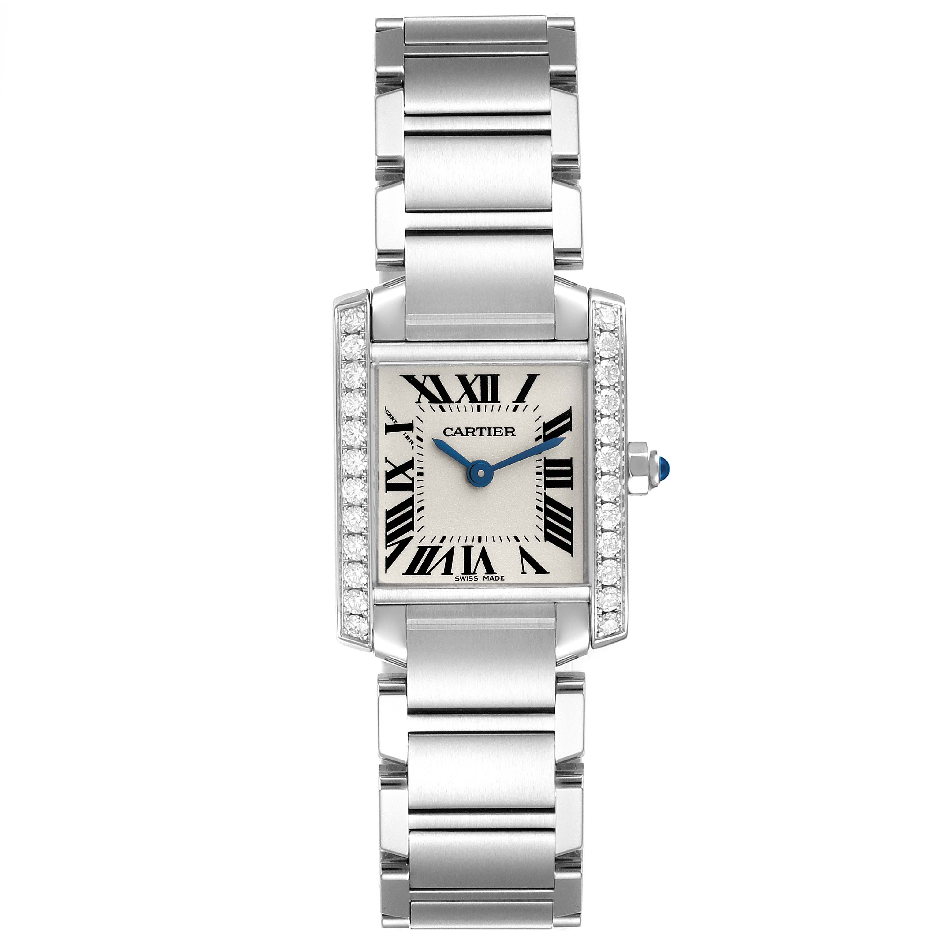 The Cartier Tank Francaise W4TA0008 Women
s Stainless Steel Silver Dial W4TA0008 Women
s Stainless Steel Silver Dial watch is shown from a top-down angle, displaying the face, bracelet, and diamond-set case.