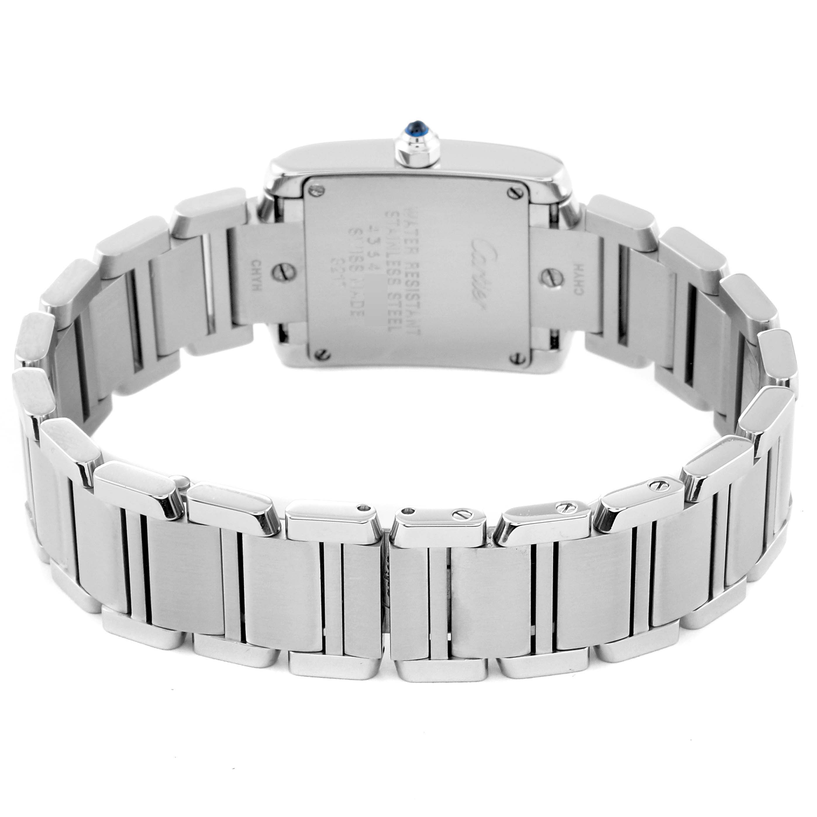 This image shows the back side of a Cartier Tank Francaise W4TA0008 Women
s Stainless Steel Silver Dial W4TA0008 Women
s Stainless Steel Silver Dial watch, highlighting its stainless steel bracelet and case back.