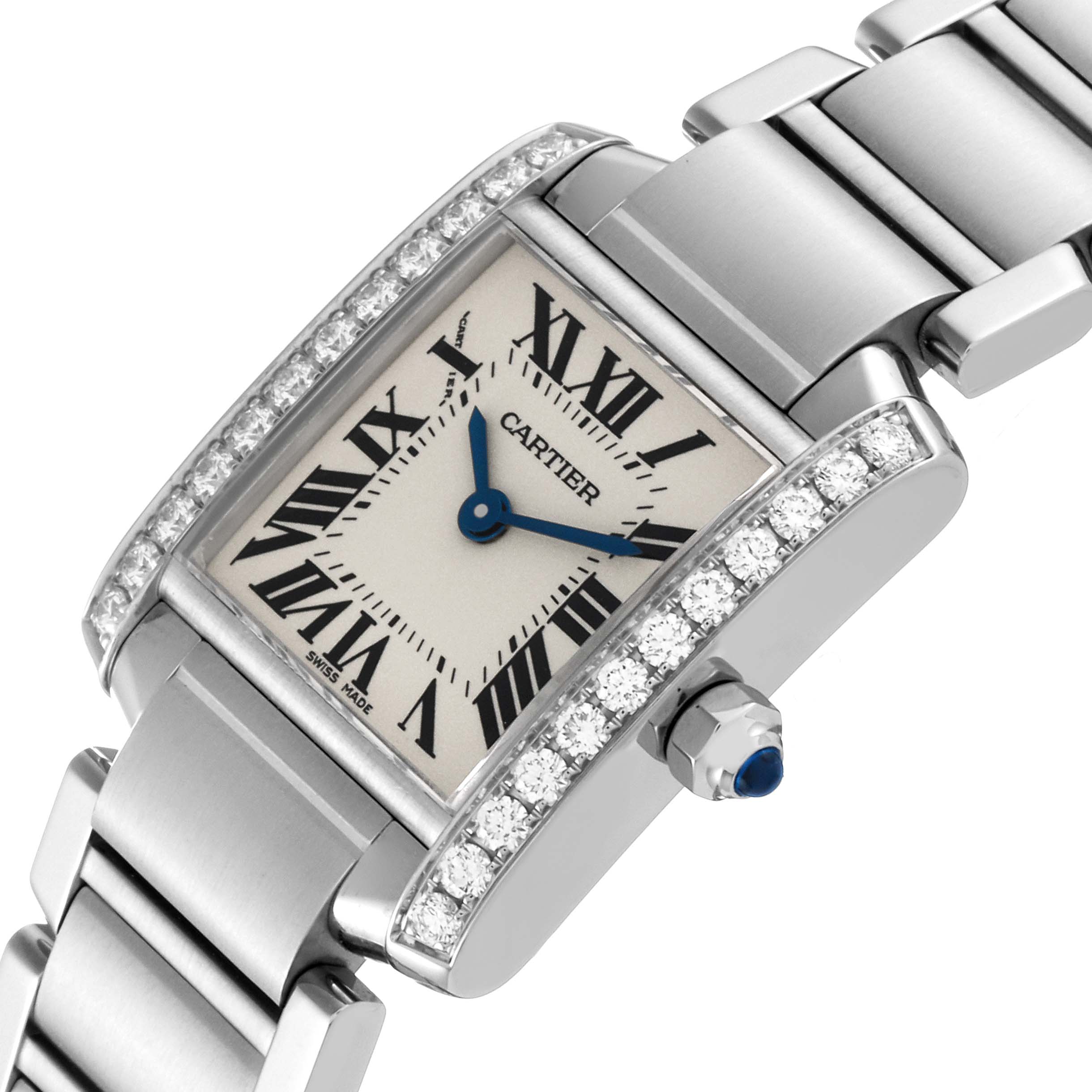The Cartier Tank Francaise W4TA0008 Women
s Stainless Steel Silver Dial W4TA0008 Women
s Stainless Steel Silver Dial watch is shown at an angled close-up, highlighting its rectangular face with Roman numerals and diamond-studded bezel.