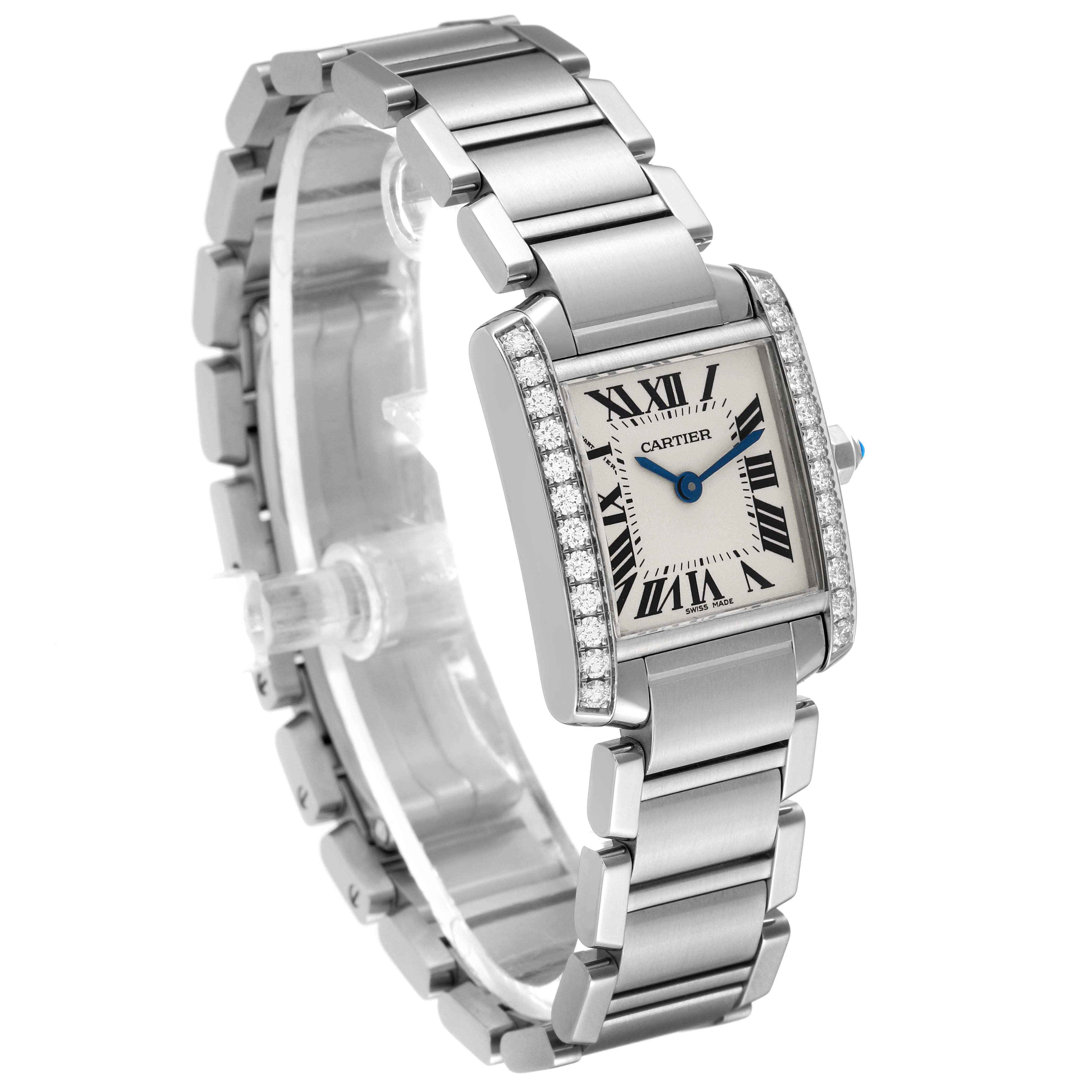 The image shows a Cartier Tank Française watch at an oblique angle, displaying the face, bracelet, and diamond-studded bezel.