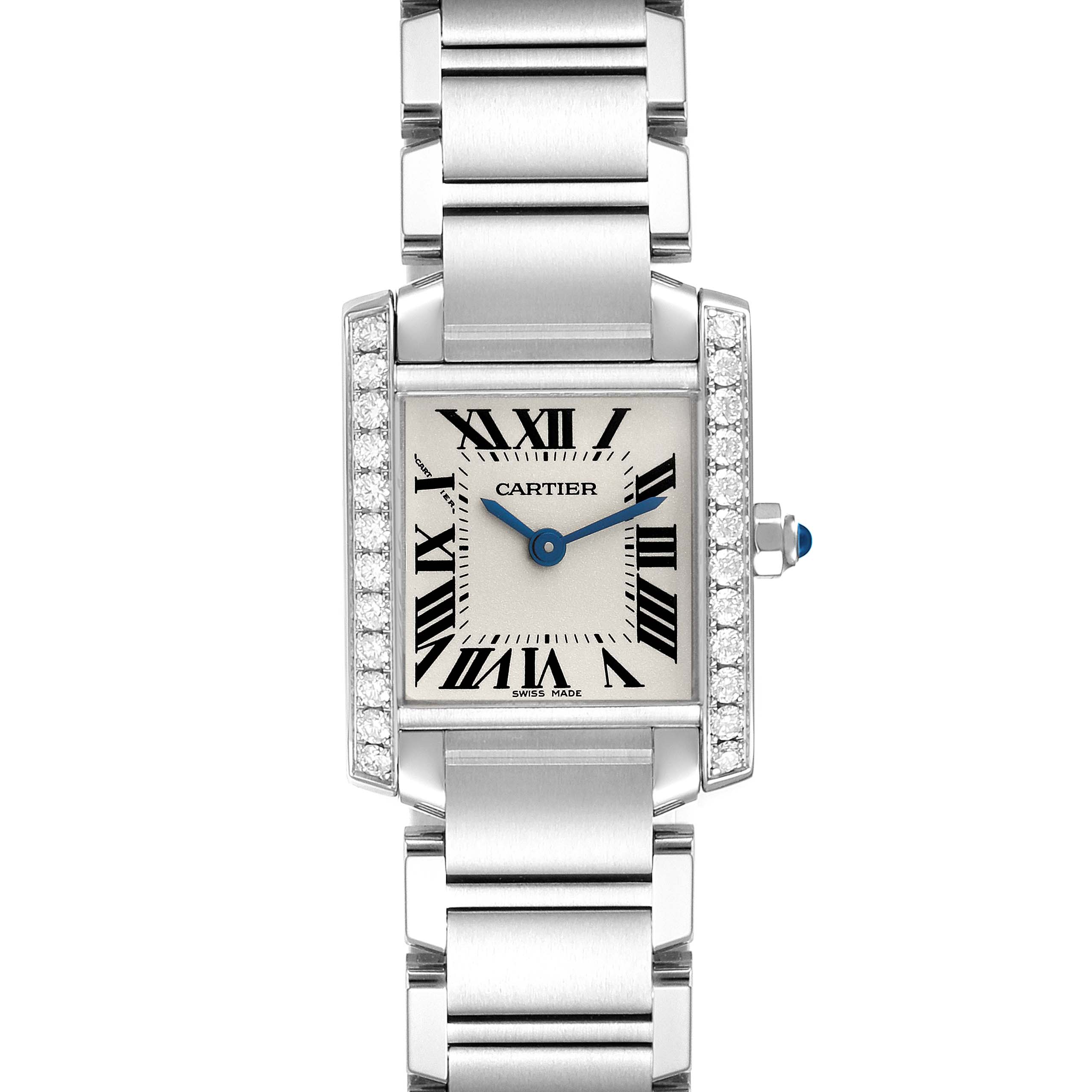 This Cartier Tank Francaise W4TA0008 Women
s Stainless Steel Silver Dial W4TA0008 Women
s Stainless Steel Silver Dial watch is shown from the front, displaying its rectangular dial, Roman numerals, and metal bracelet.