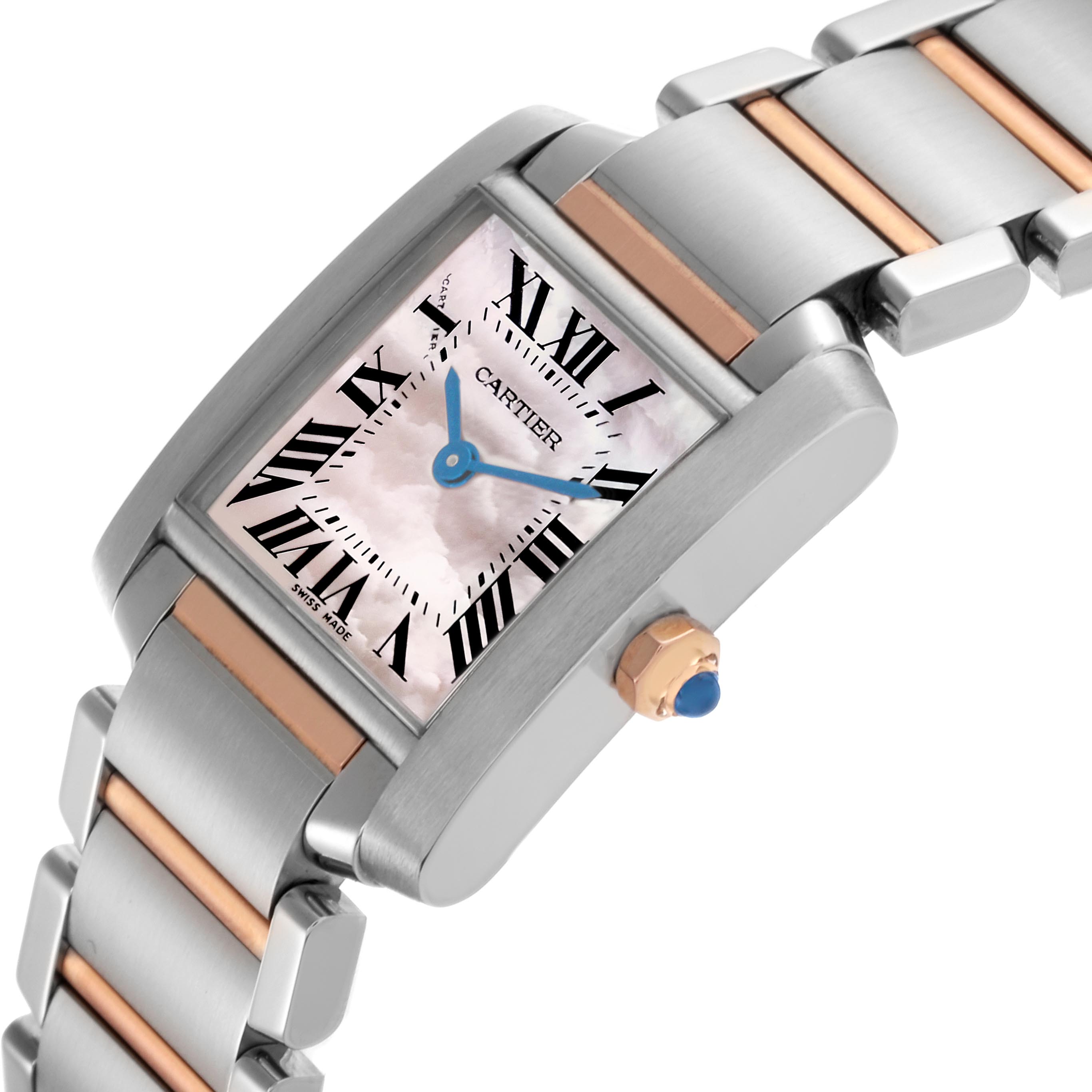 The Cartier Tank Francaise W51027Q4 Women's Steel and Gold (two tone) Mother of Pearl Dial W51027Q4 Women's Steel and Gold (two tone) Mother of Pearl Dial watch is shown from a side angle highlighting the face, crown, and bracelet.