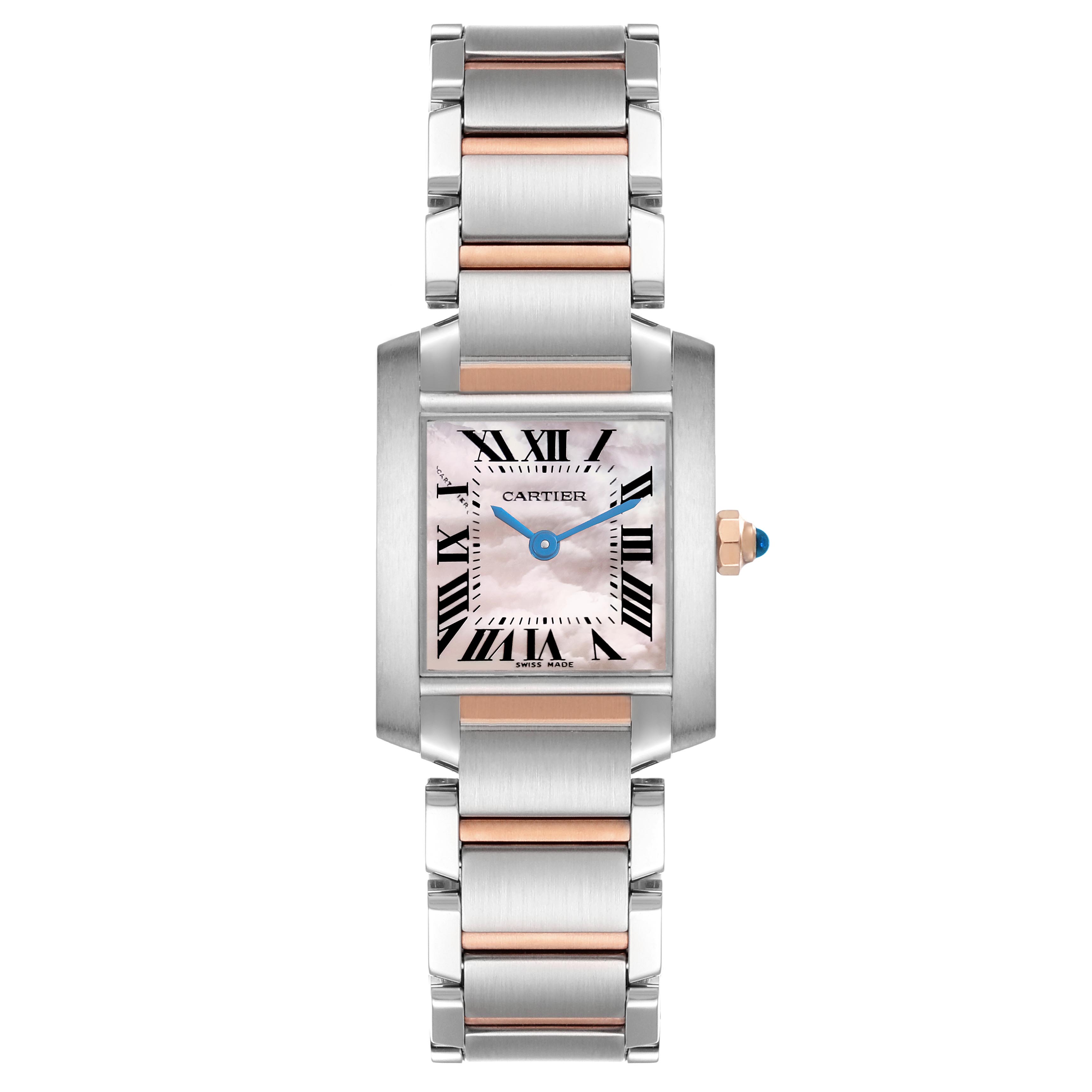 The Cartier Tank Française watch is shown from a top-down angle, highlighting its dial, bracelet, and crown.