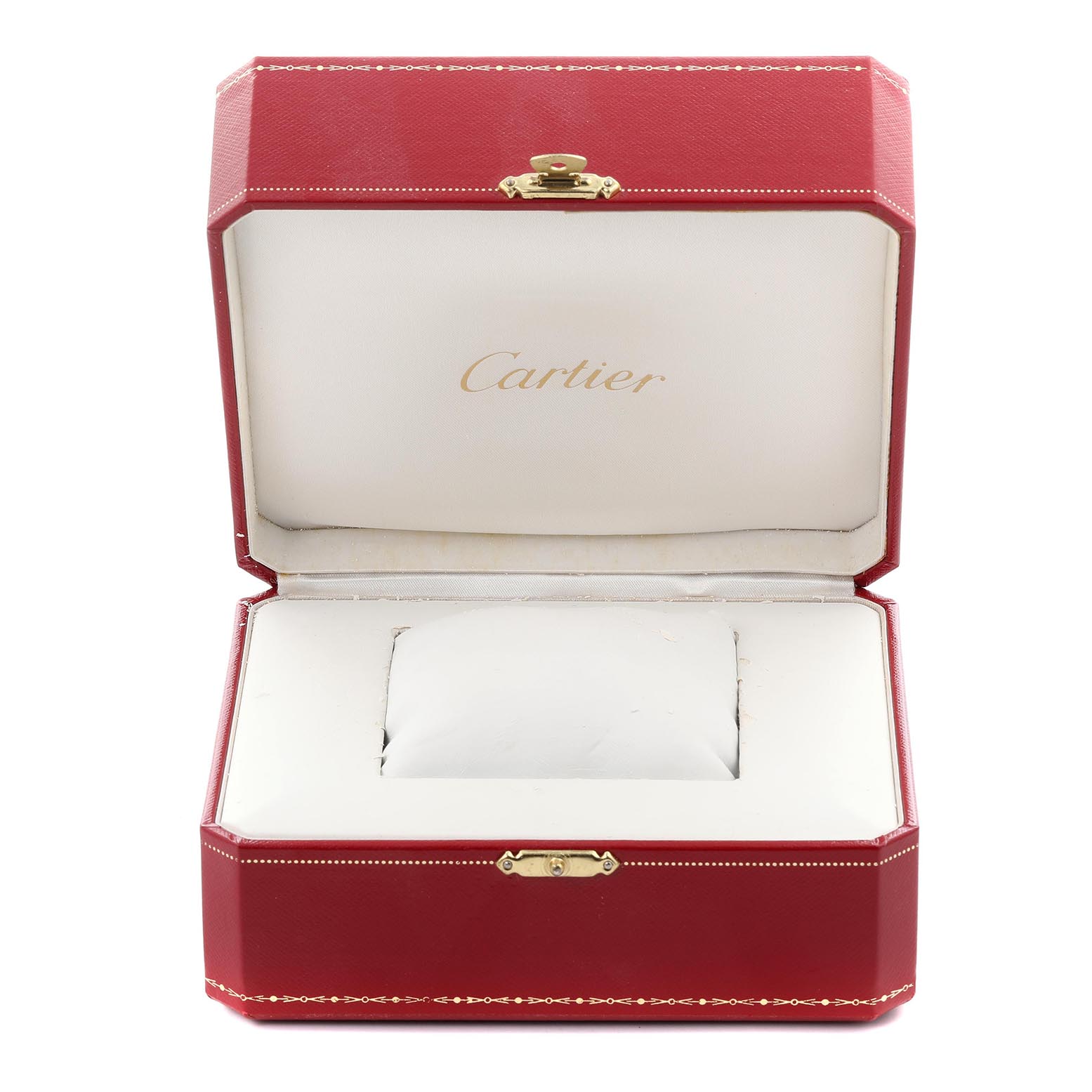 The image shows an open red Cartier box for a Tank Francaise watch, featuring a cushion for the watch.