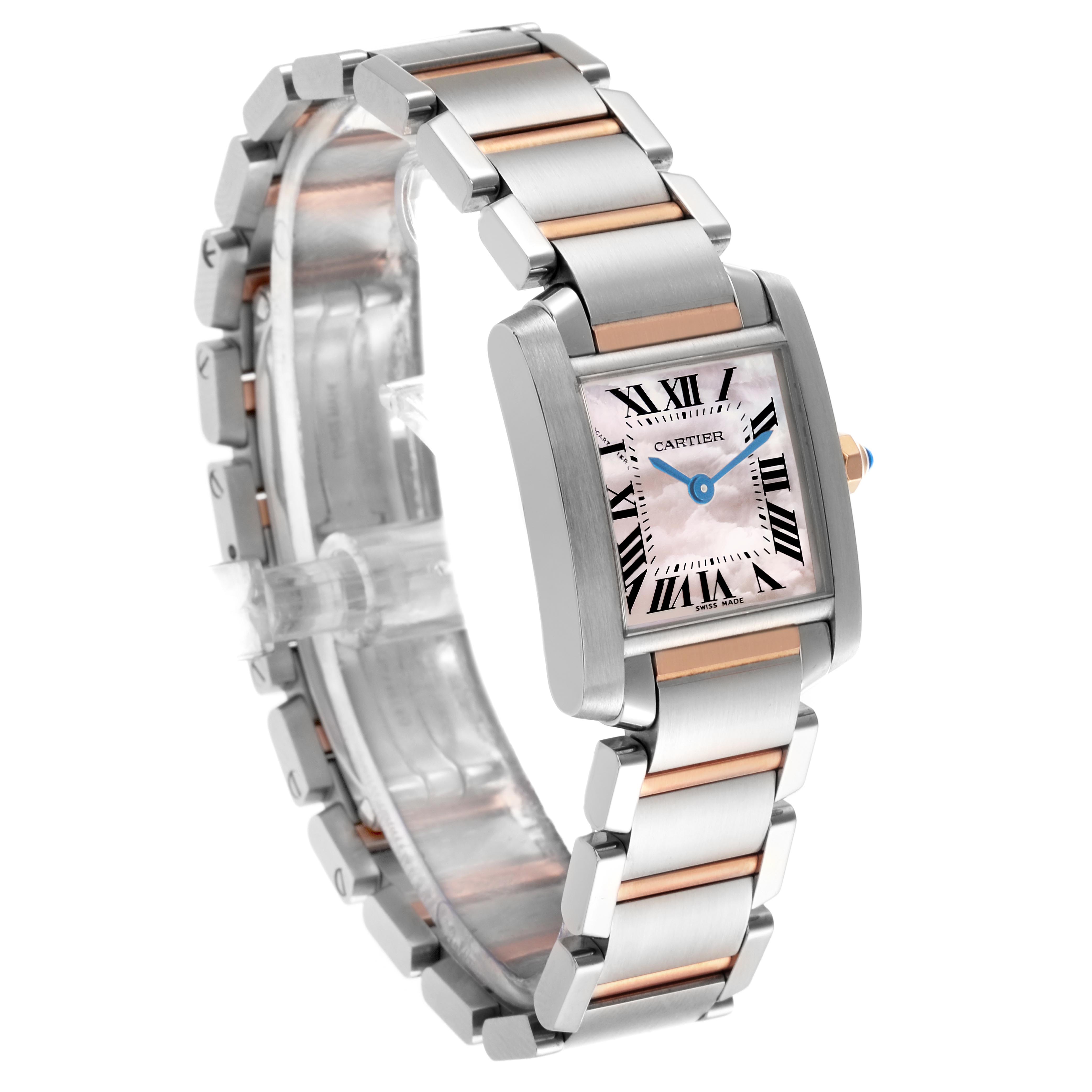 The Cartier Tank Francaise W51027Q4 Women's Steel and Gold (two tone) Mother of Pearl Dial W51027Q4 Women's Steel and Gold (two tone) Mother of Pearl Dial watch is shown at an angled view, featuring its face, bracelet, and distinct two-tone design.