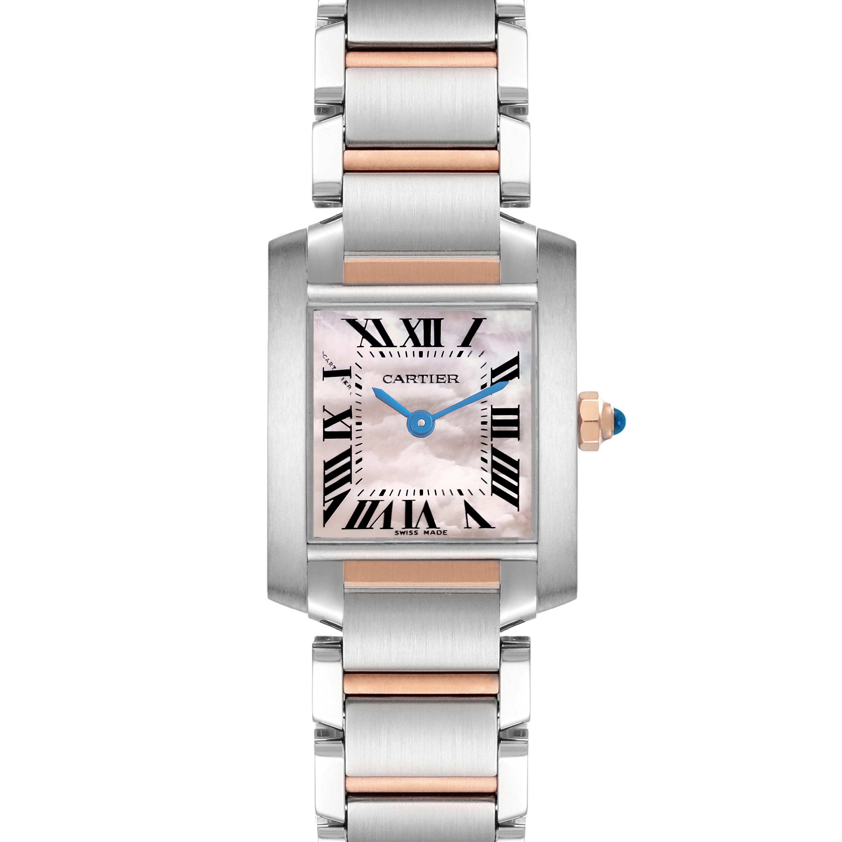 The Cartier Tank Française watch is shown from a front angle, displaying the face, bezel, and bracelet.