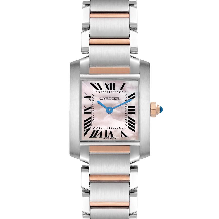 The Cartier Tank Française watch is shown from a front angle, displaying the face, bezel, and bracelet.