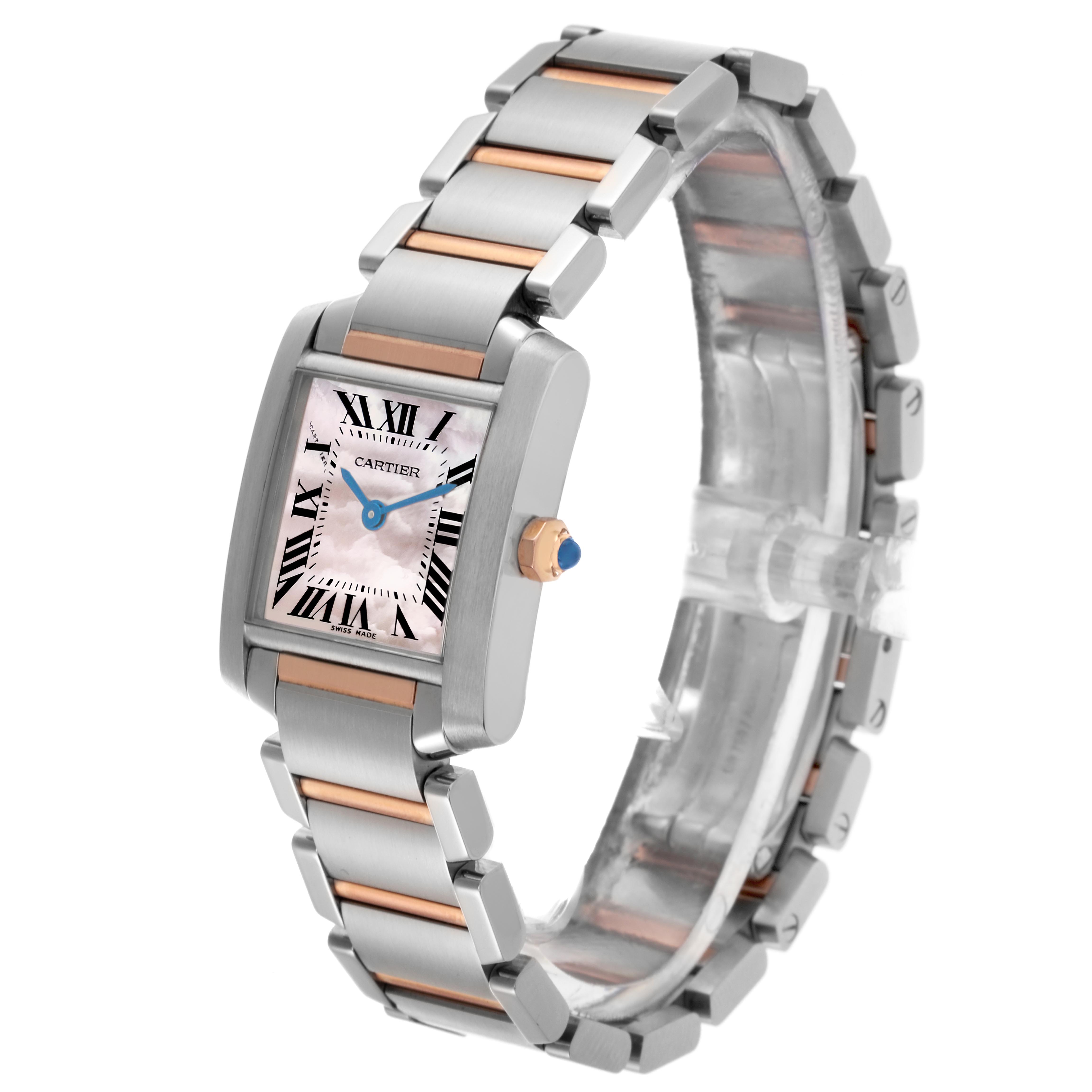 The image shows a Cartier Tank Française watch at a three-quarter angle, displaying the face, bracelet, and crown.