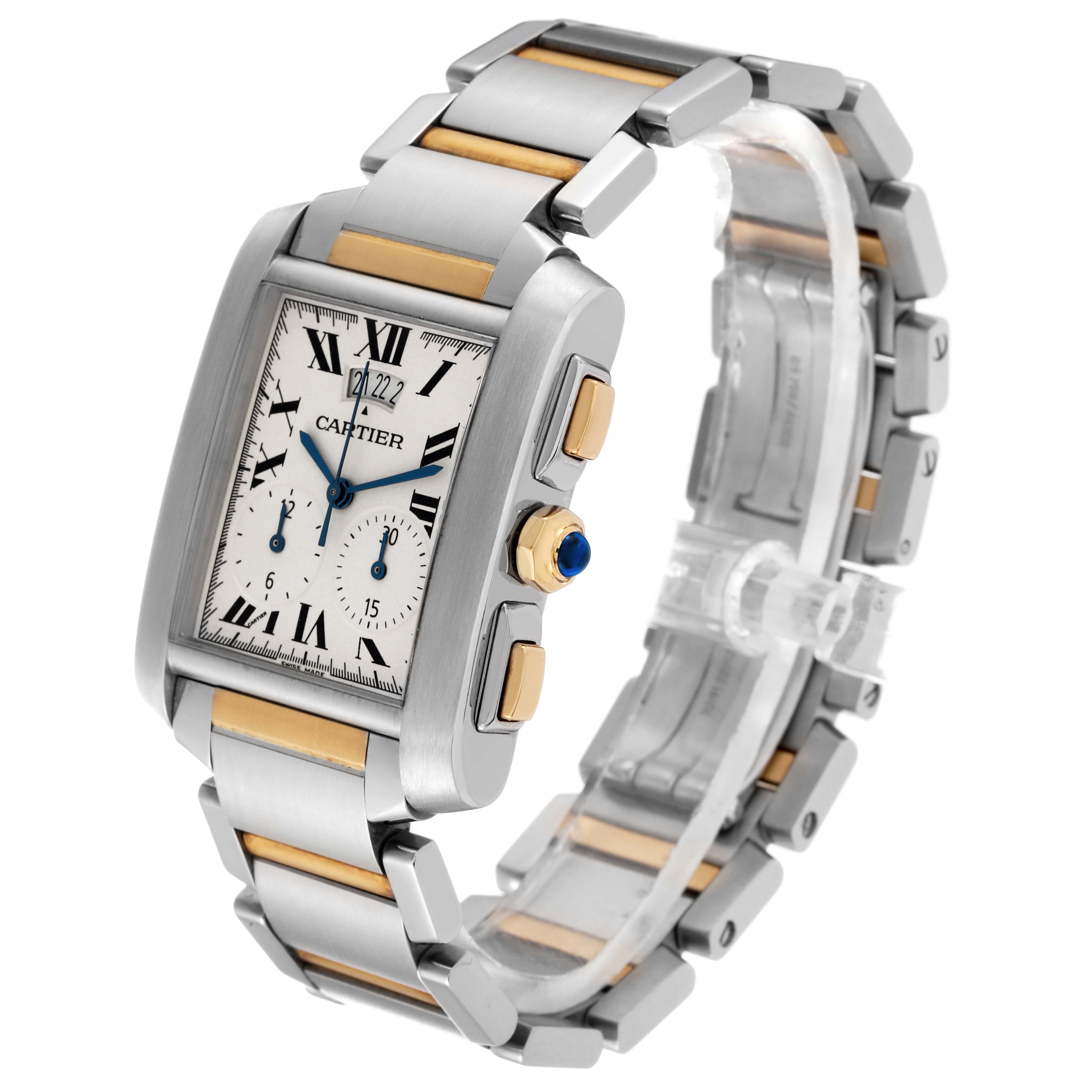 The Cartier Tank Francaise W51025Q4 Men
s Steel and Gold (two tone) Silver Dial W51025Q4 Men
s Steel and Gold (two tone) Silver Dial watch is shown at a three-quarter angle, emphasizing the dial, bracelet, and side crown with a blue cabochon.