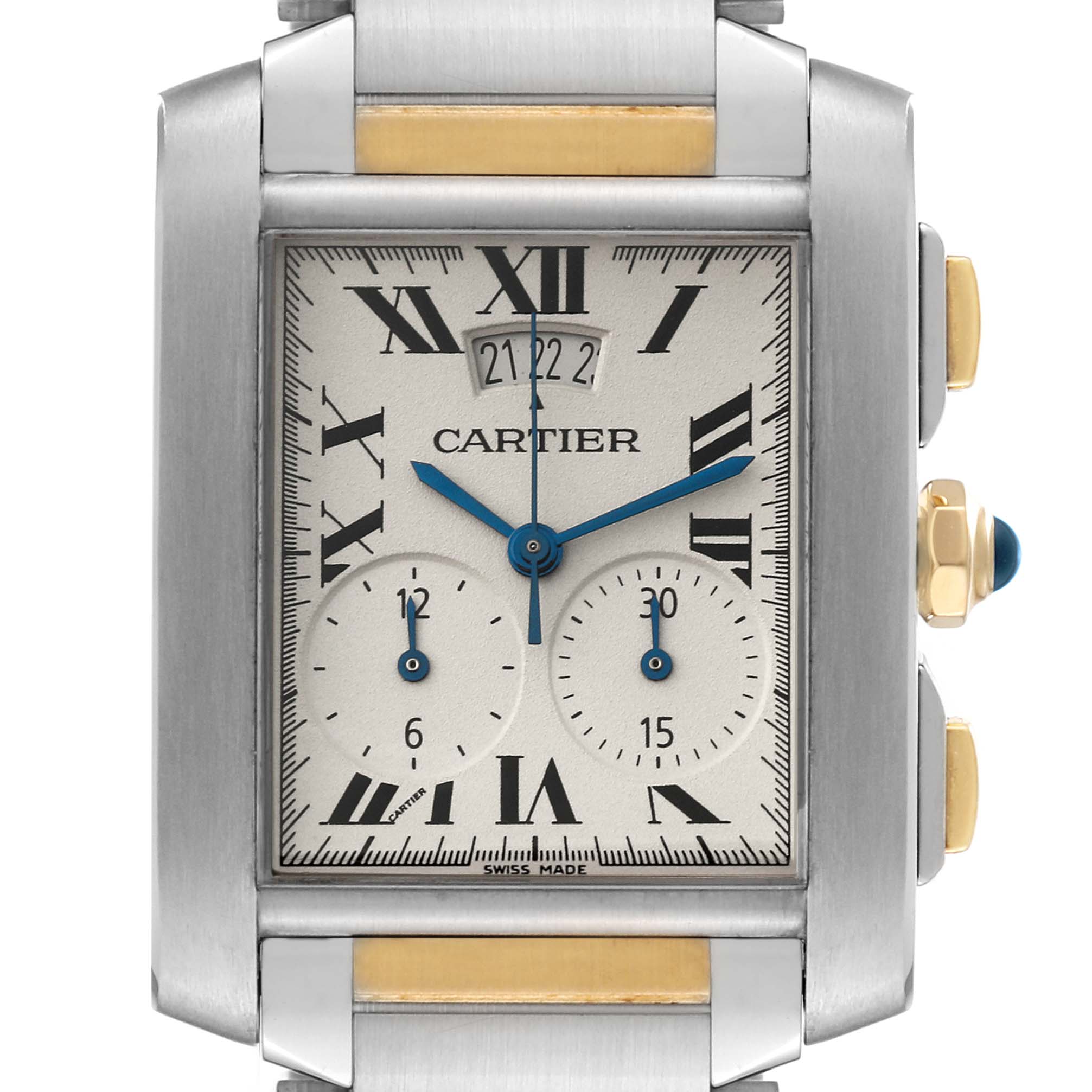 The Cartier Tank Française watch is shown from the front, highlighting the dial, hands, and chronograph sub-dials.