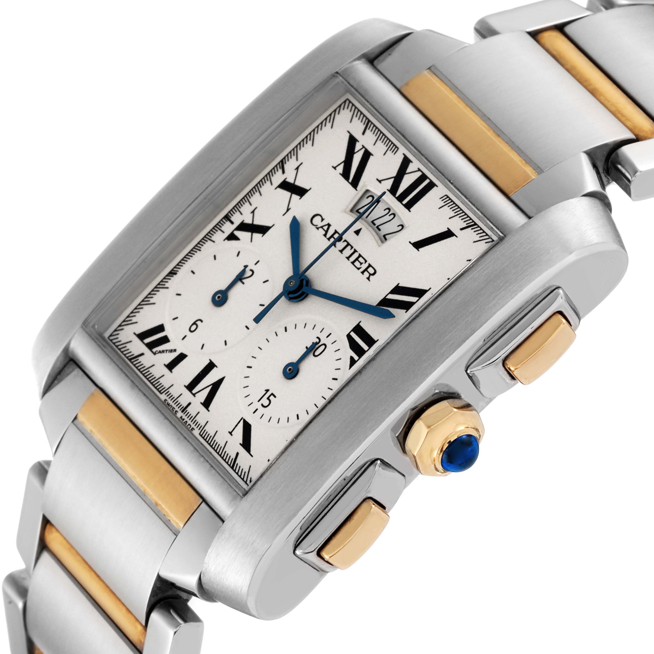 The image shows a close-up angle of the Cartier Tank Francaise W51025Q4 Men
s Steel and Gold (two tone) Silver Dial W51025Q4 Men
s Steel and Gold (two tone) Silver Dial watch, focusing on the face, crown, and part of the strap.