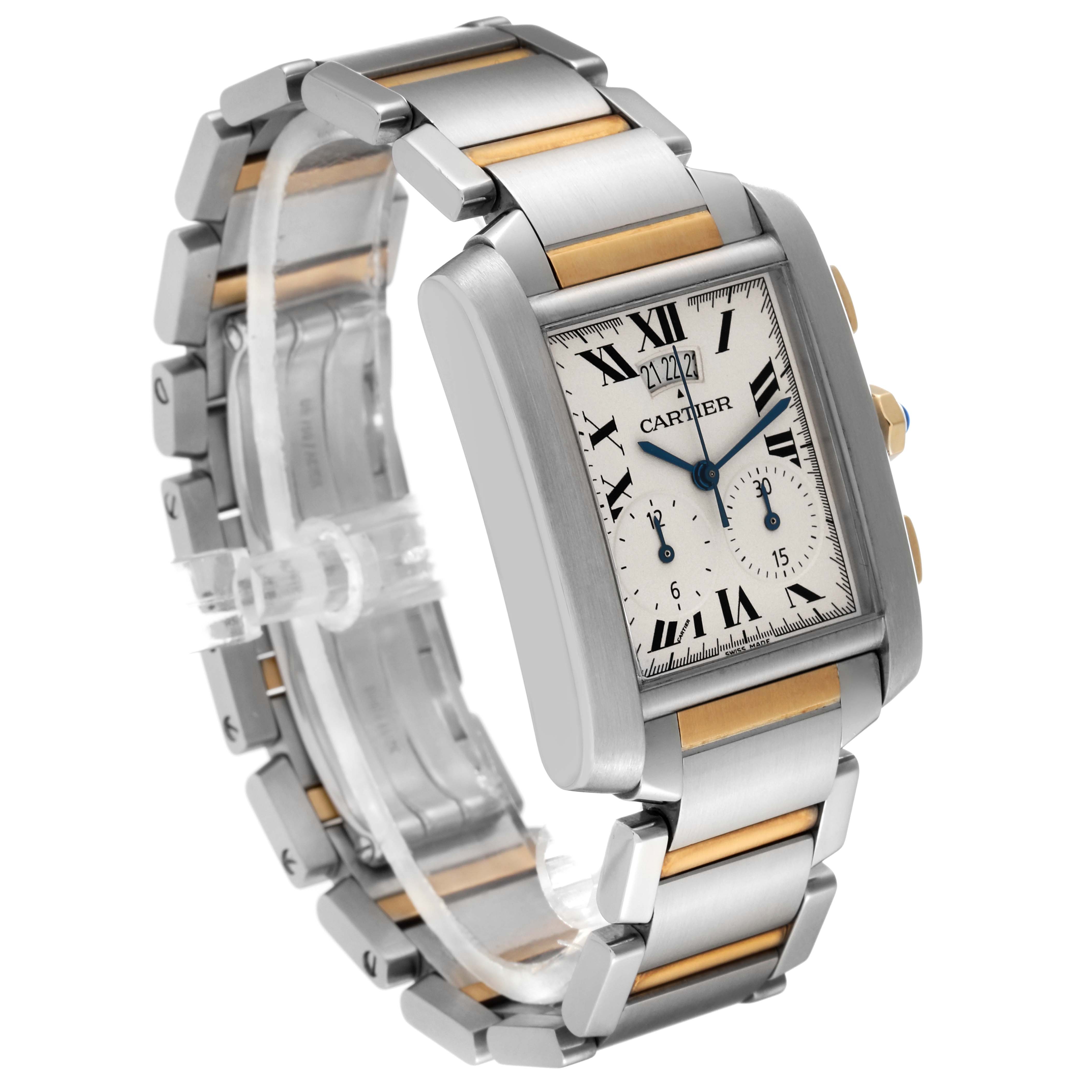 The Cartier Tank Francaise W51025Q4 Men
s Steel and Gold (two tone) Silver Dial W51025Q4 Men
s Steel and Gold (two tone) Silver Dial watch is shown at an angle displaying the face, side buttons, and metal bracelet.