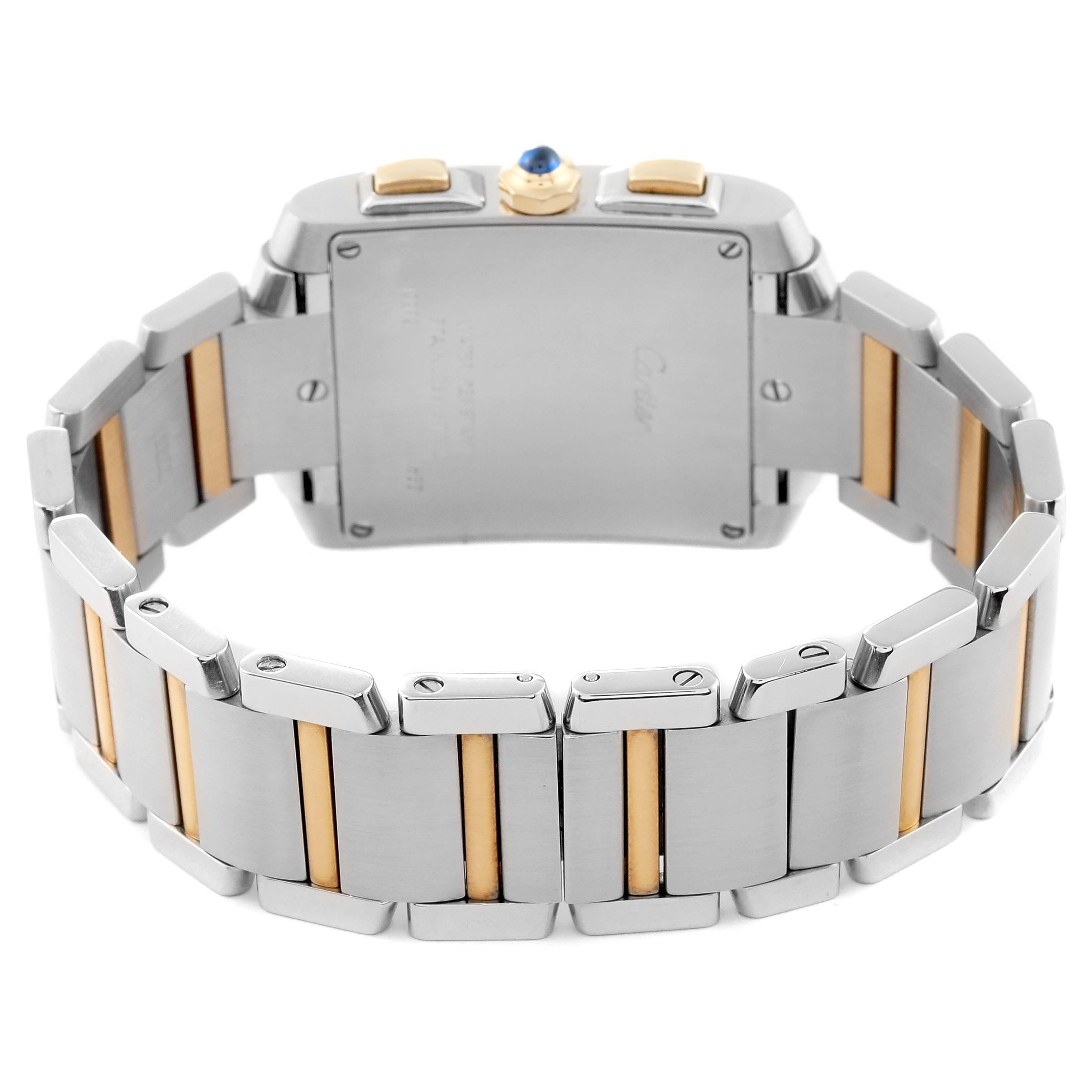 The image shows the back view of the bracelet and case of a Cartier Tank Francaise W51025Q4 Men
s Steel and Gold (two tone) Silver Dial W51025Q4 Men
s Steel and Gold (two tone) Silver Dial watch, highlighting its metal links.