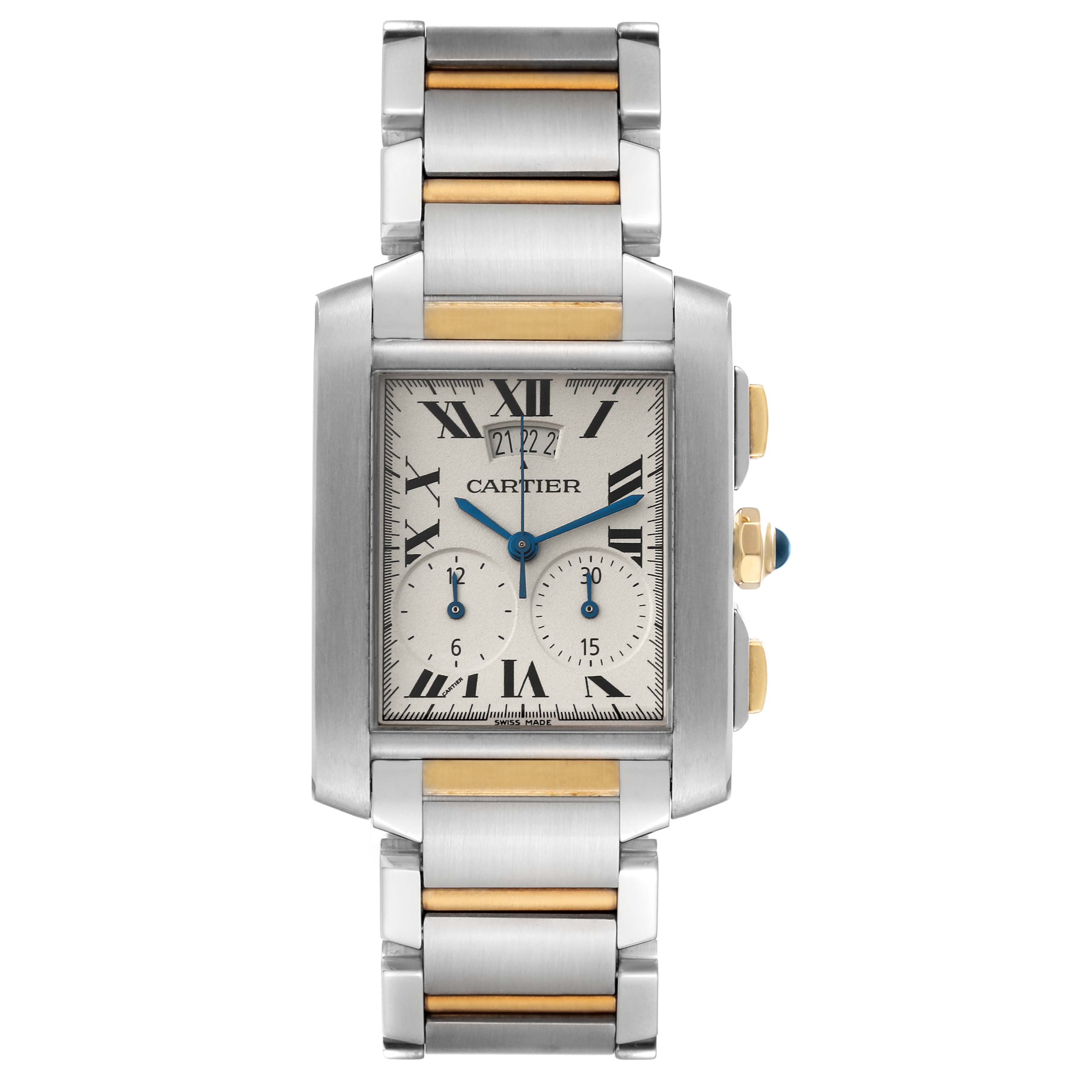 This image shows a frontal view of the Cartier Tank Francaise W51025Q4 Men
s Steel and Gold (two tone) Silver Dial W51025Q4 Men
s Steel and Gold (two tone) Silver Dial watch, highlighting the face, bezel, dial, and bracelet.